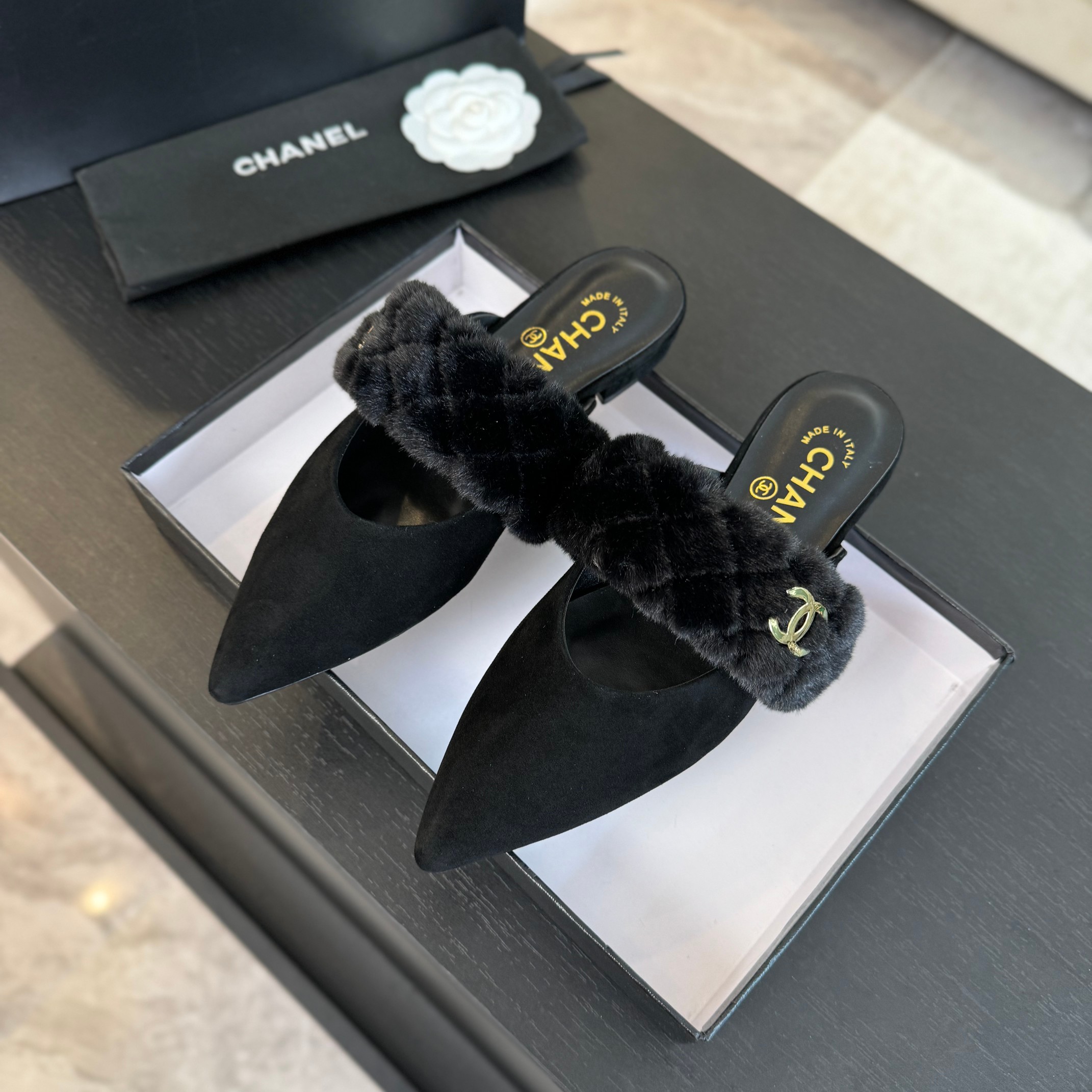 Chanel Rabbit fur slippers