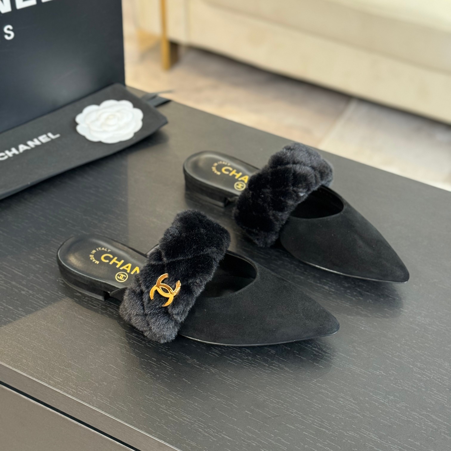Chanel Rabbit fur slippers