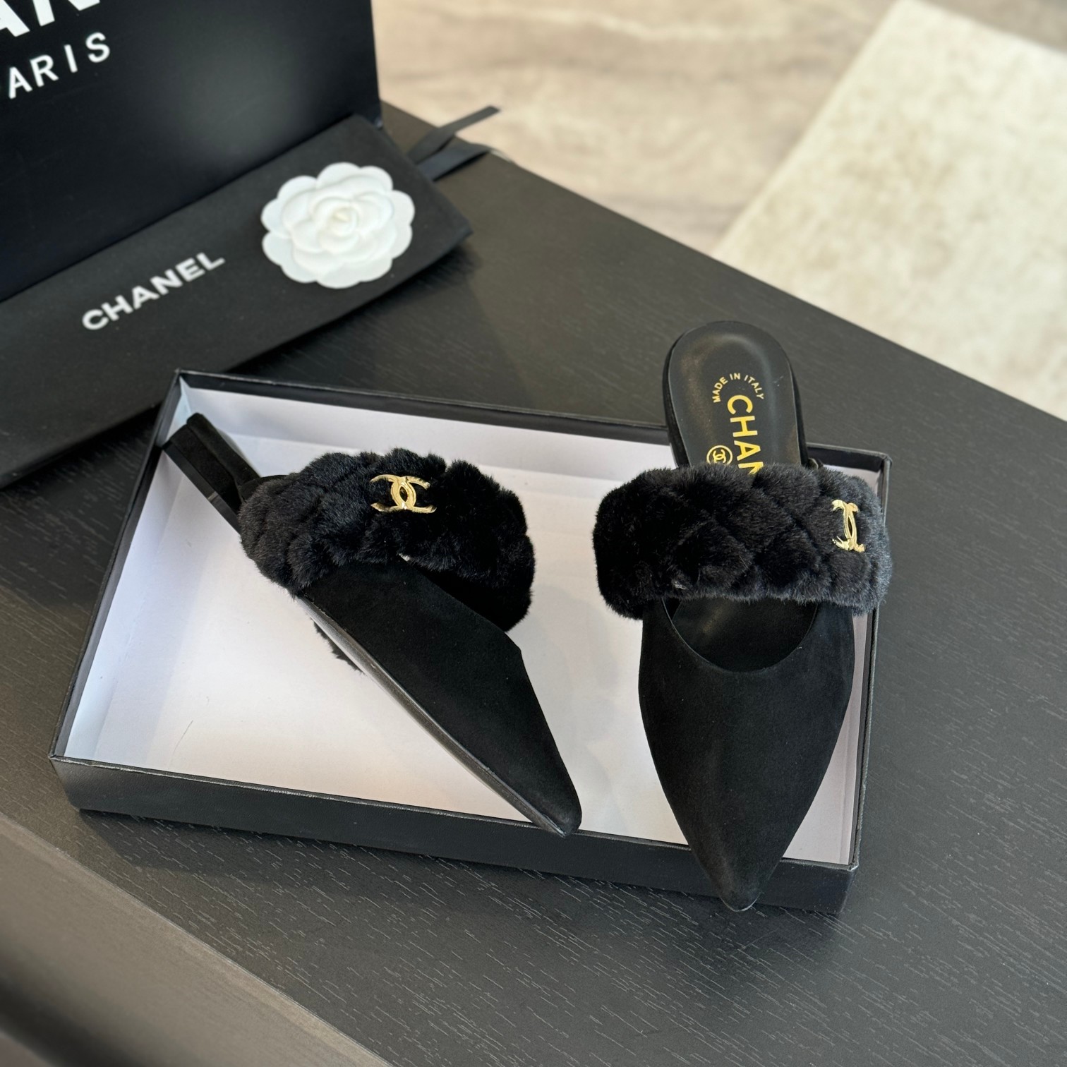 Chanel Rabbit fur slippers