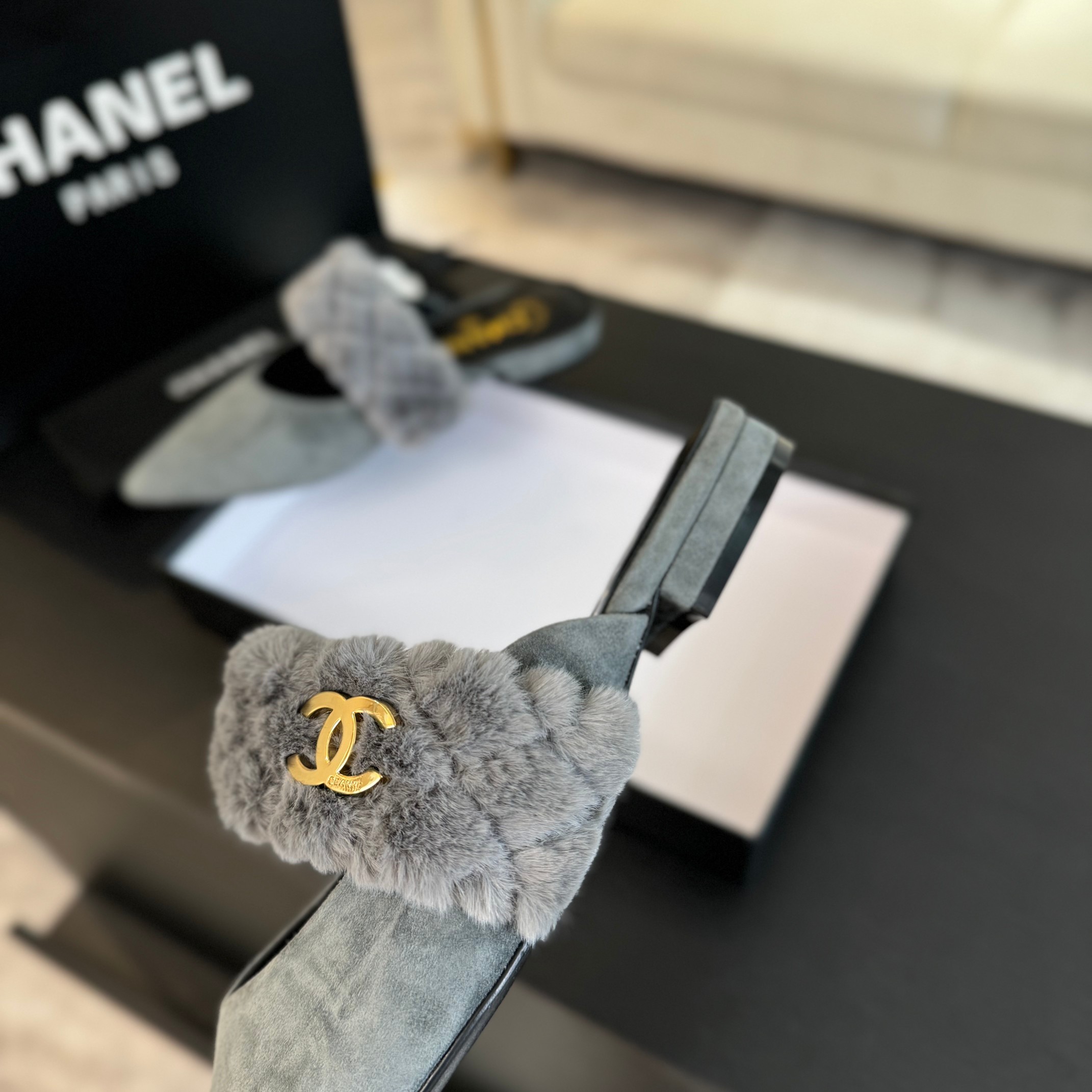Chanel Rabbit fur slippers