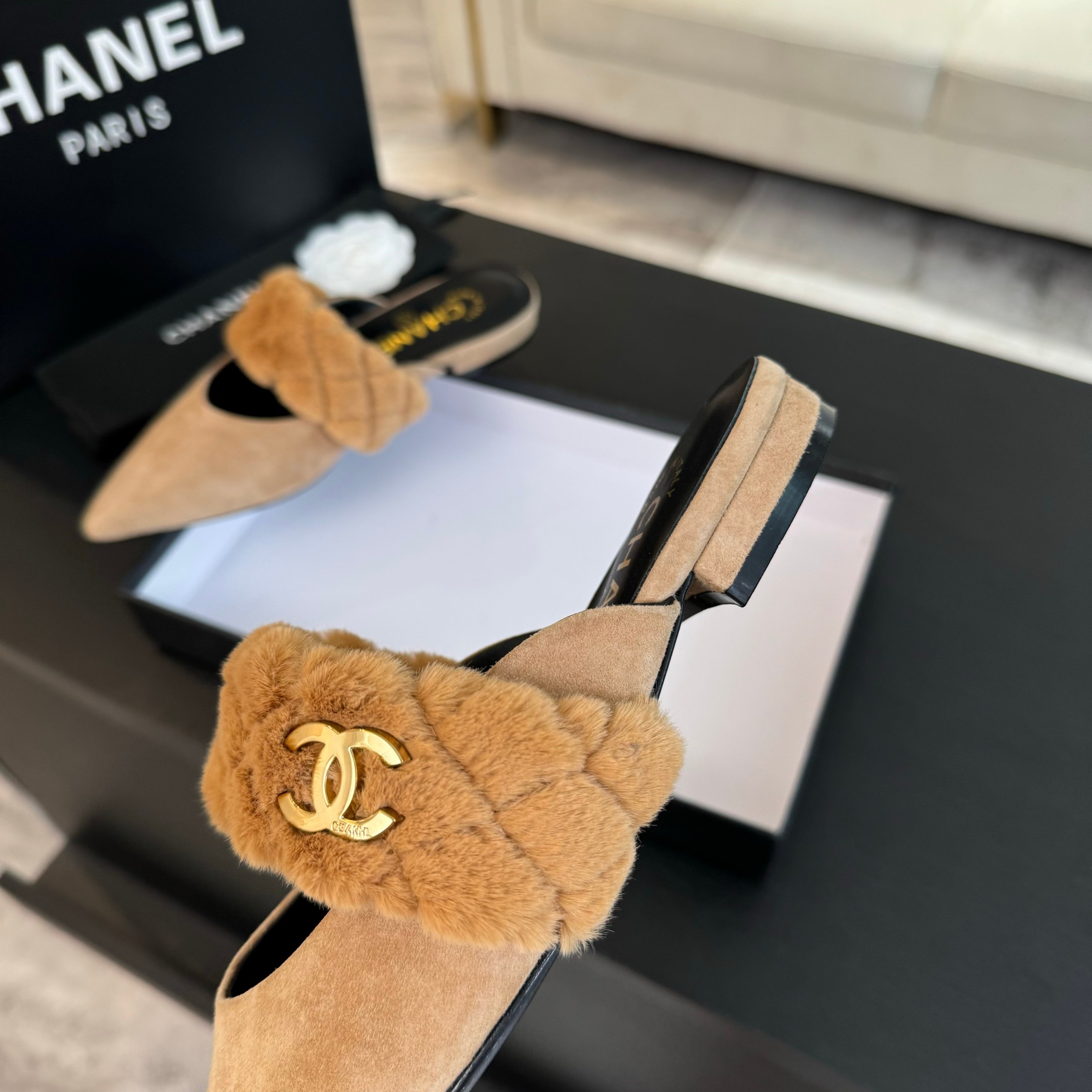 Chanel Rabbit fur slippers