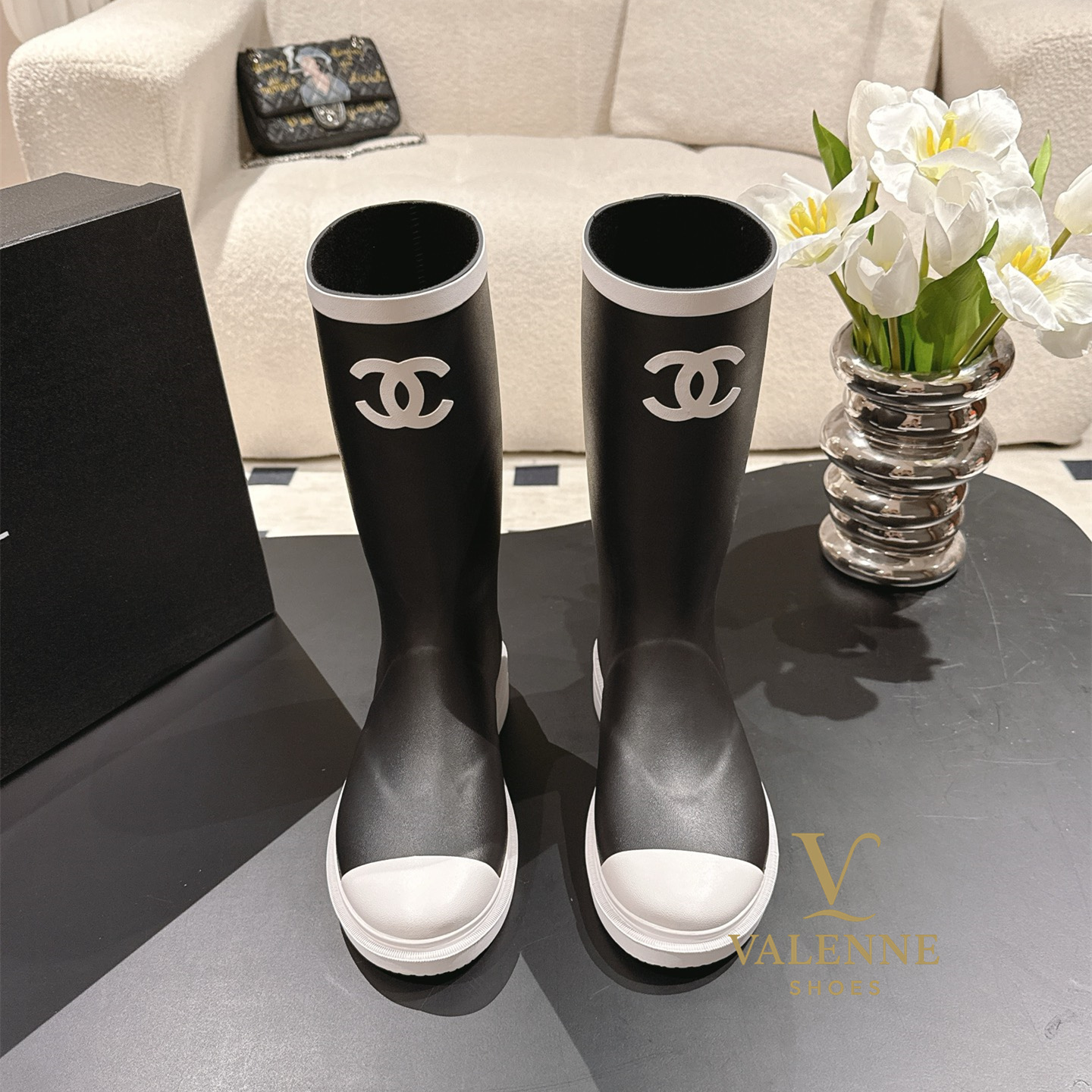 Chanel Black and White Rain Boots