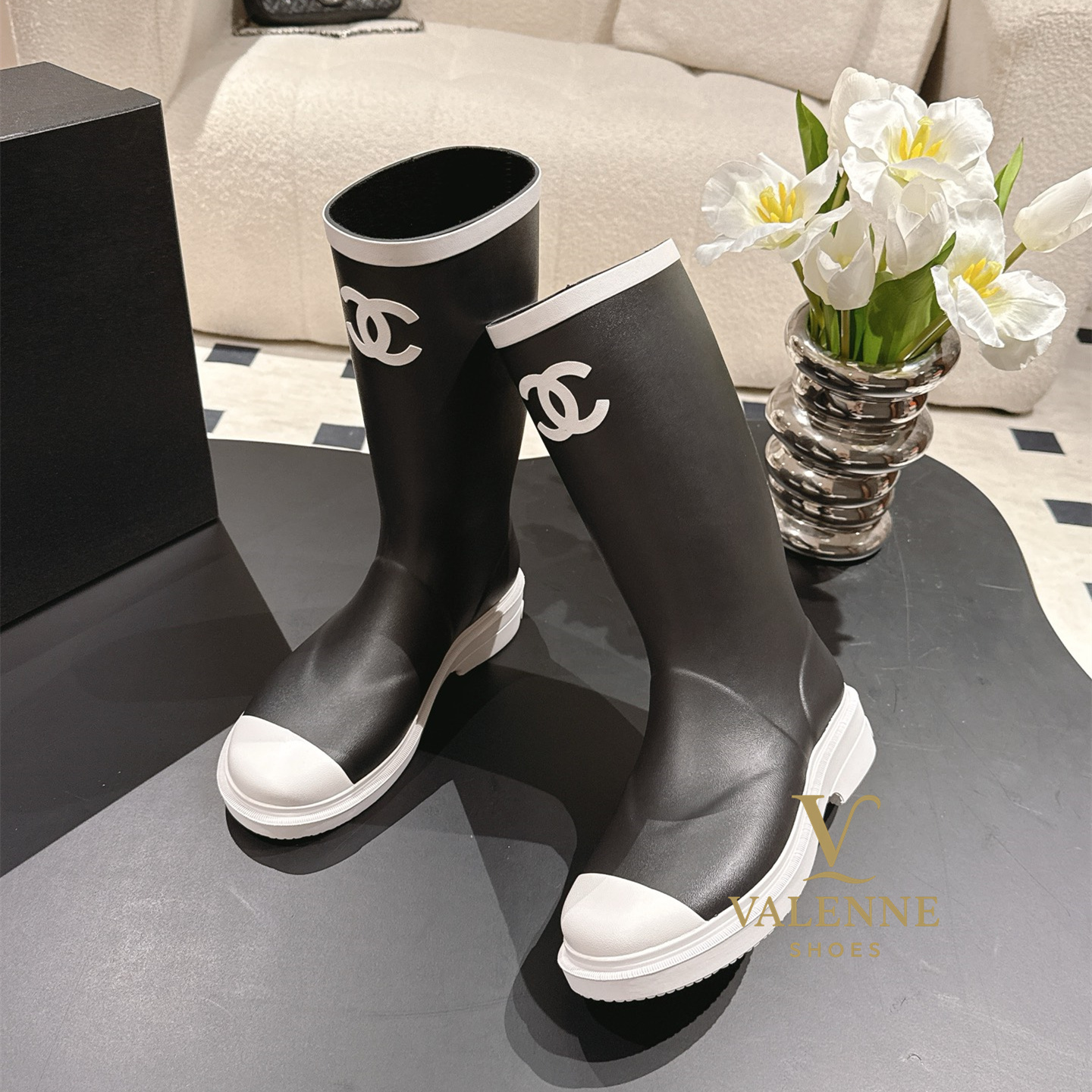 Chanel Black and White Rain Boots