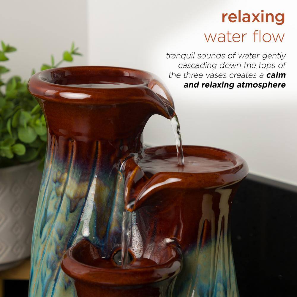 11 in. H Indoor Tiered Glossy Ceramic Vase Tabletop Fountain, Brown/Blue