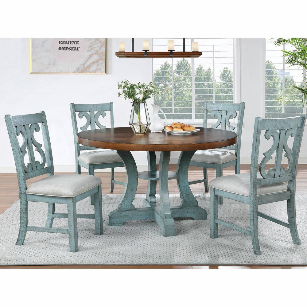 Wicks 54 in. Antique Light Blue and Dark Oak Wood Round Dining Table