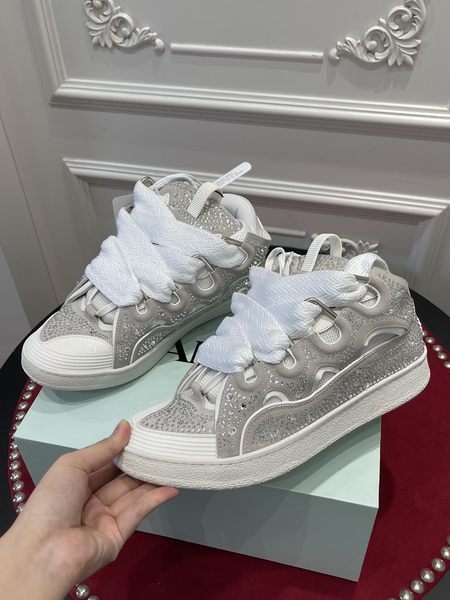 lanvin curb sneaker white rhinestone fmskrk11strap22