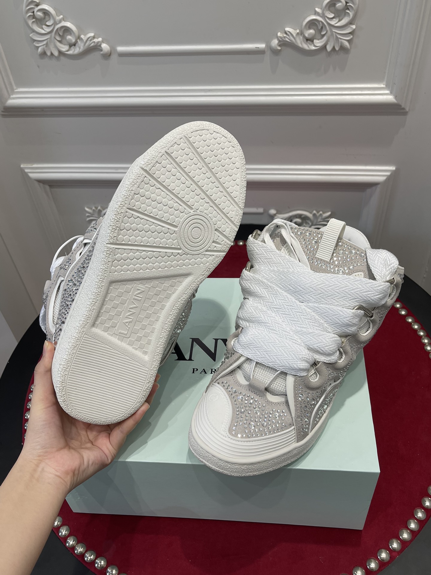 Lanvin Curb Sneaker White Rhinestone FMSKRK11STRAP22