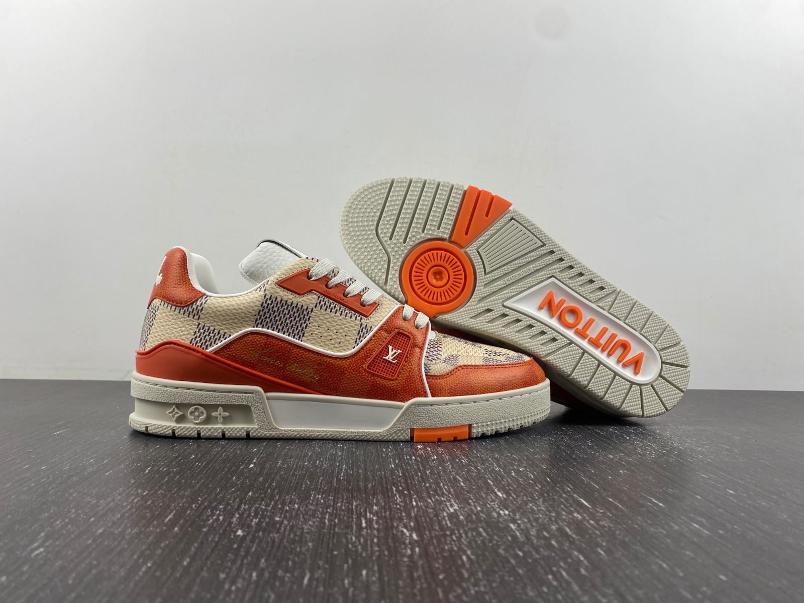 l**v trainer new york limited white-orange-gray check color