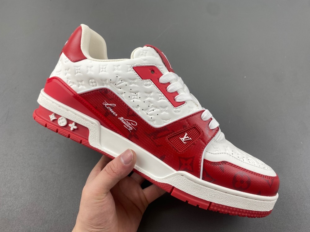 l**is V*t*n white red embossed monogram trainer