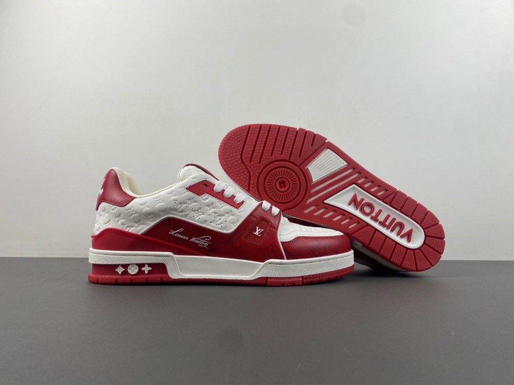 l**is V*t*n white red embossed monogram trainer