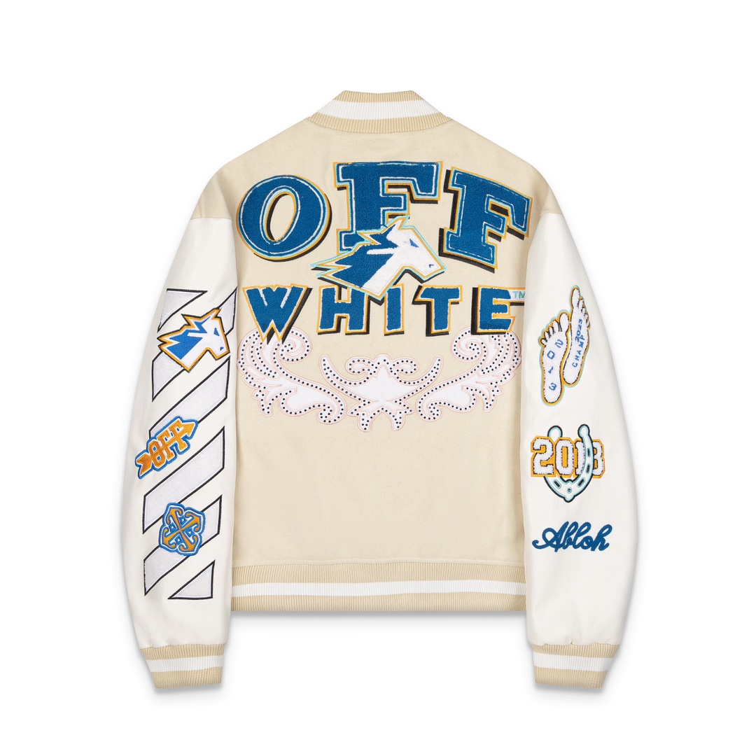 Off-White 2024 Fall/Winter new heavy embroidery patchwork leather varsity jacket in beige, unisex