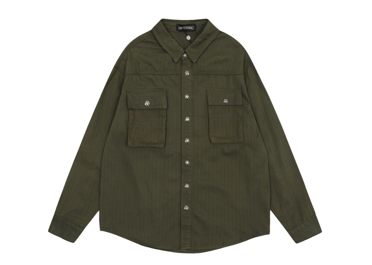 Chrome Hearts embroidered washed denim shirt jacket in military green