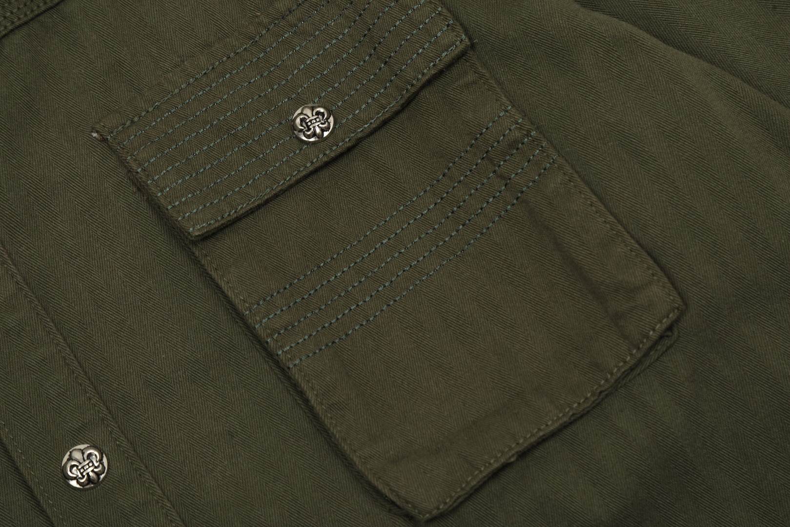 Chrome Hearts embroidered washed denim shirt jacket in military green