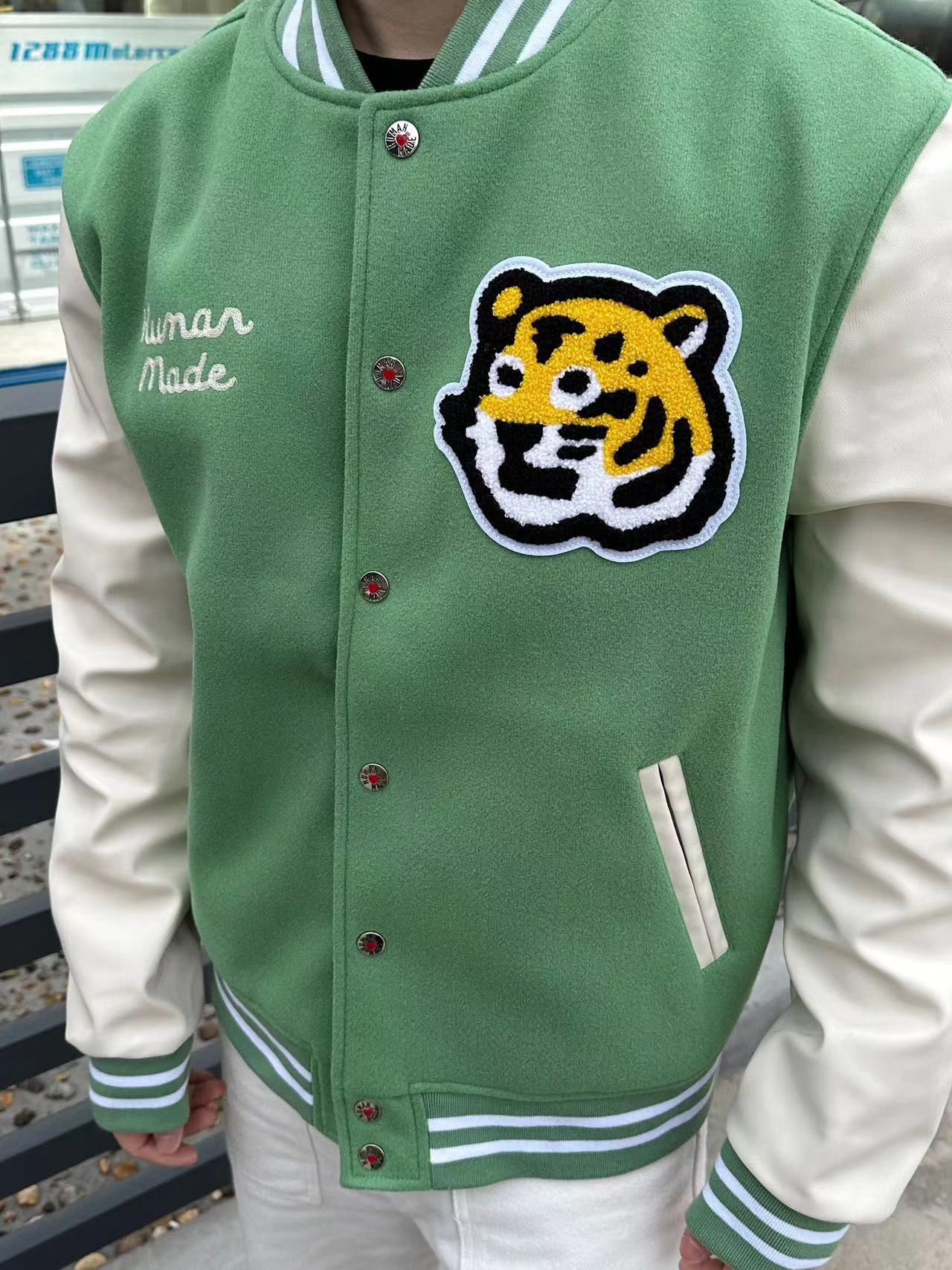 Human Made Tiger head embroidered leather sleeve splicing baseball Jacket 2022