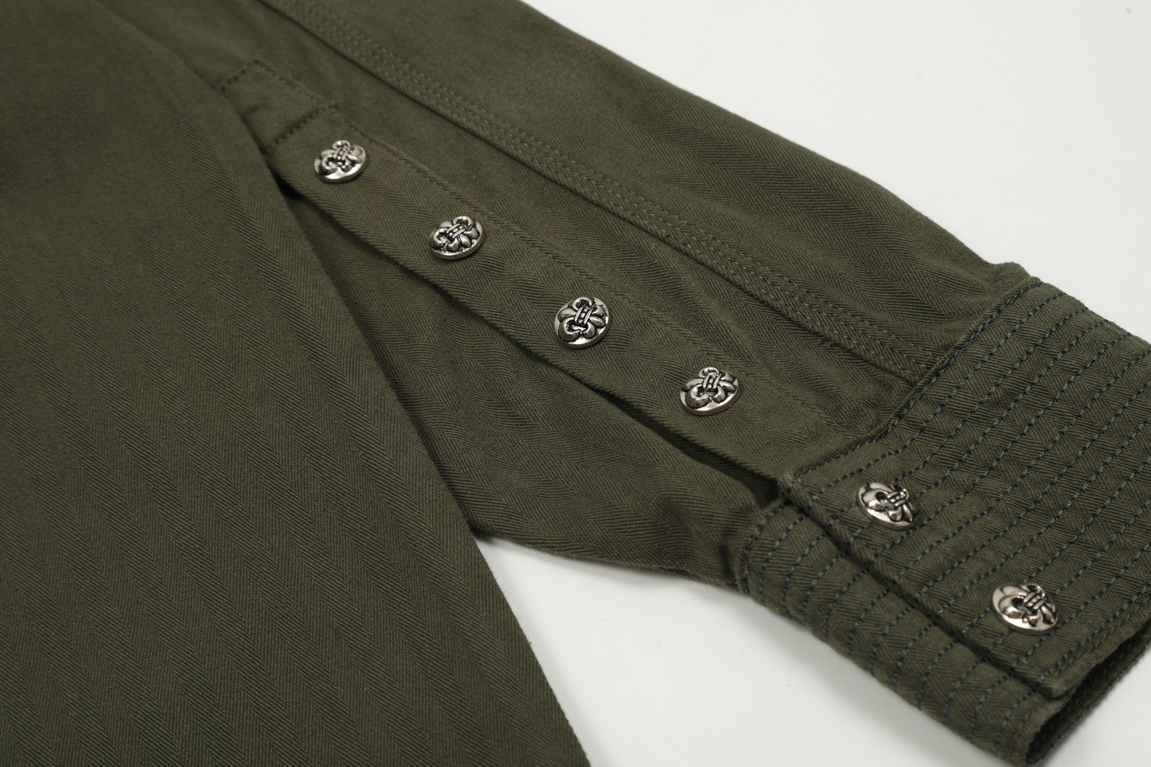 Chrome Hearts embroidered washed denim shirt jacket in military green