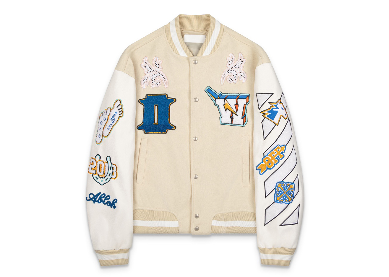 Off-White 2024 Fall/Winter new heavy embroidery patchwork leather varsity jacket in beige, unisex