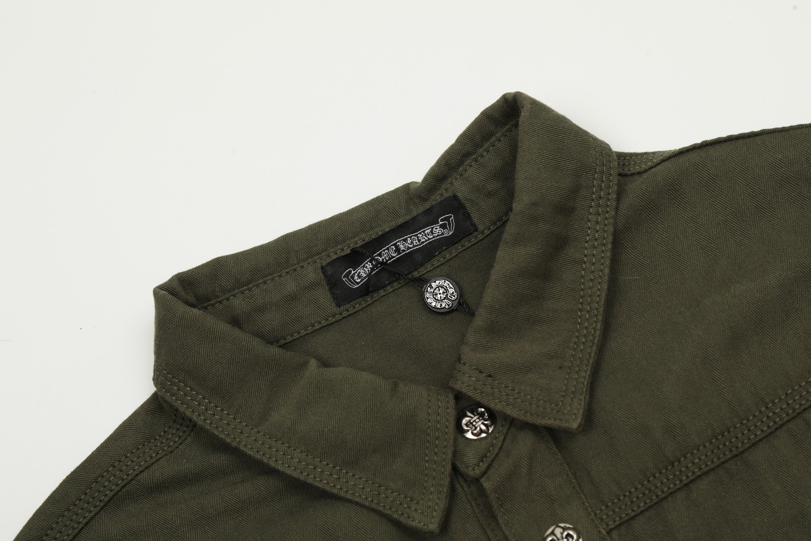 Chrome Hearts embroidered washed denim shirt jacket in military green