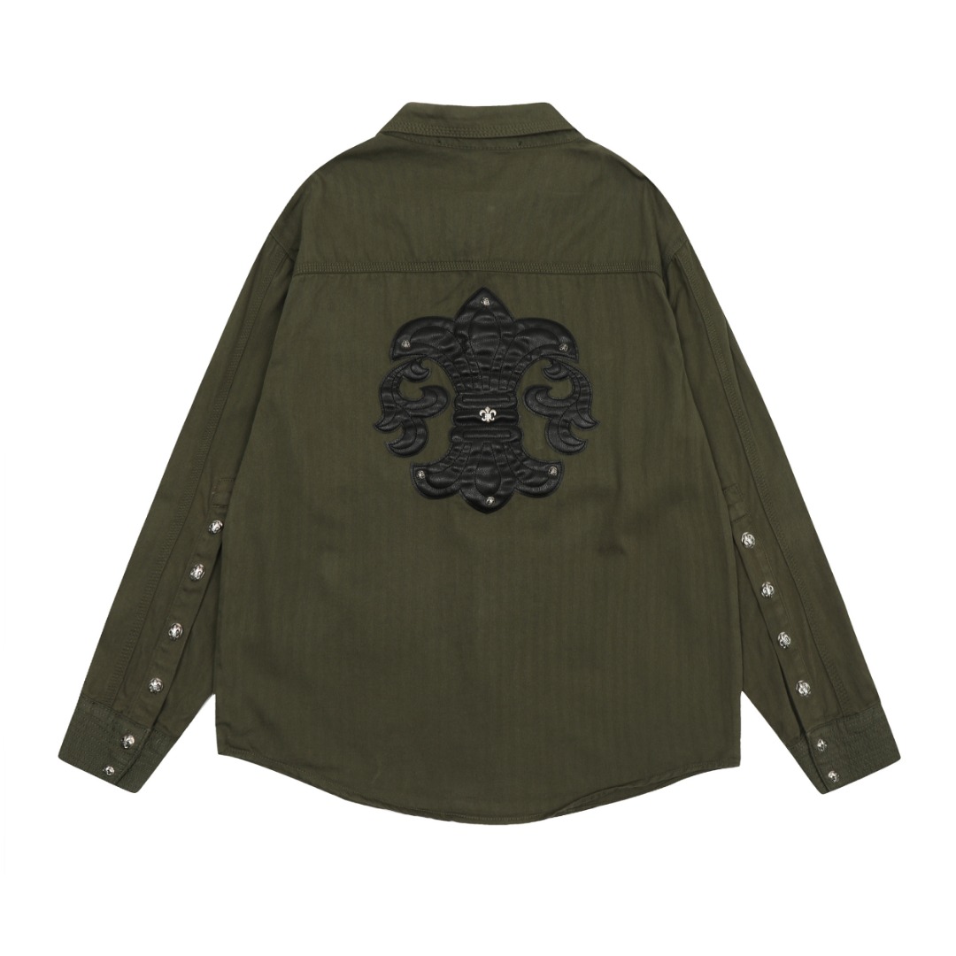 Chrome Hearts embroidered washed denim shirt jacket in military green