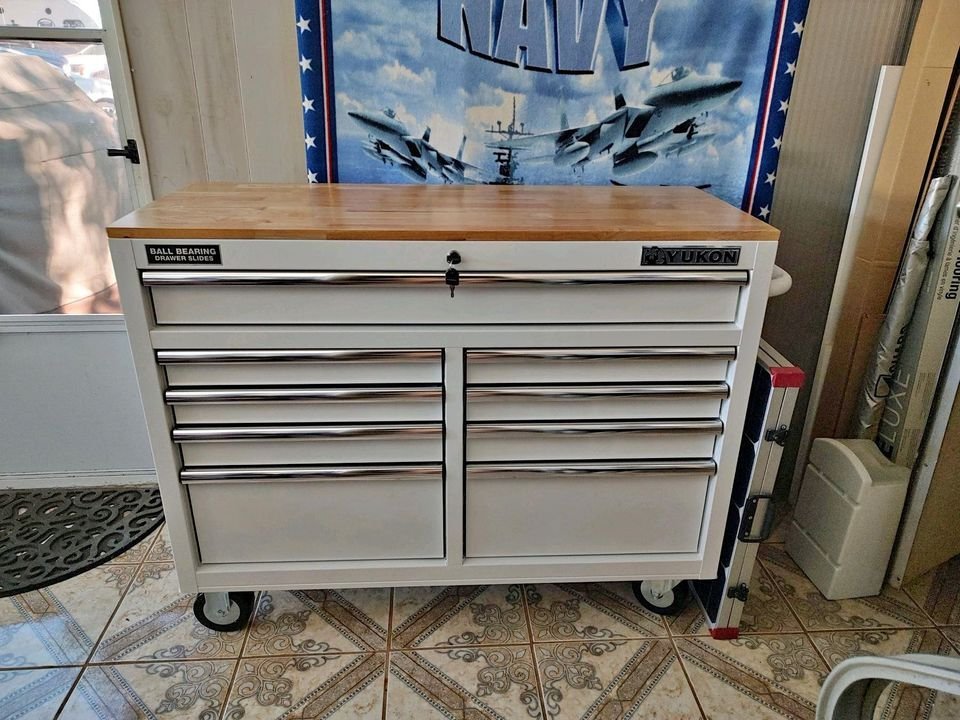 46 in. 9 Drawer Mobile Storage with Solid Wood Top. Denives