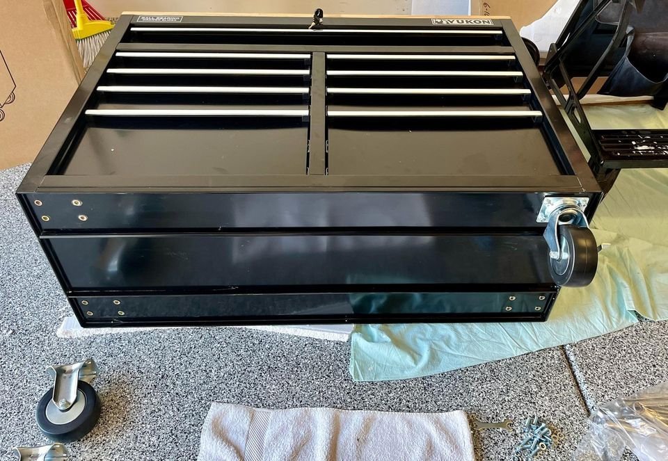 46 in. 9 Drawer Mobile Storage with Solid Wood Top. Denives