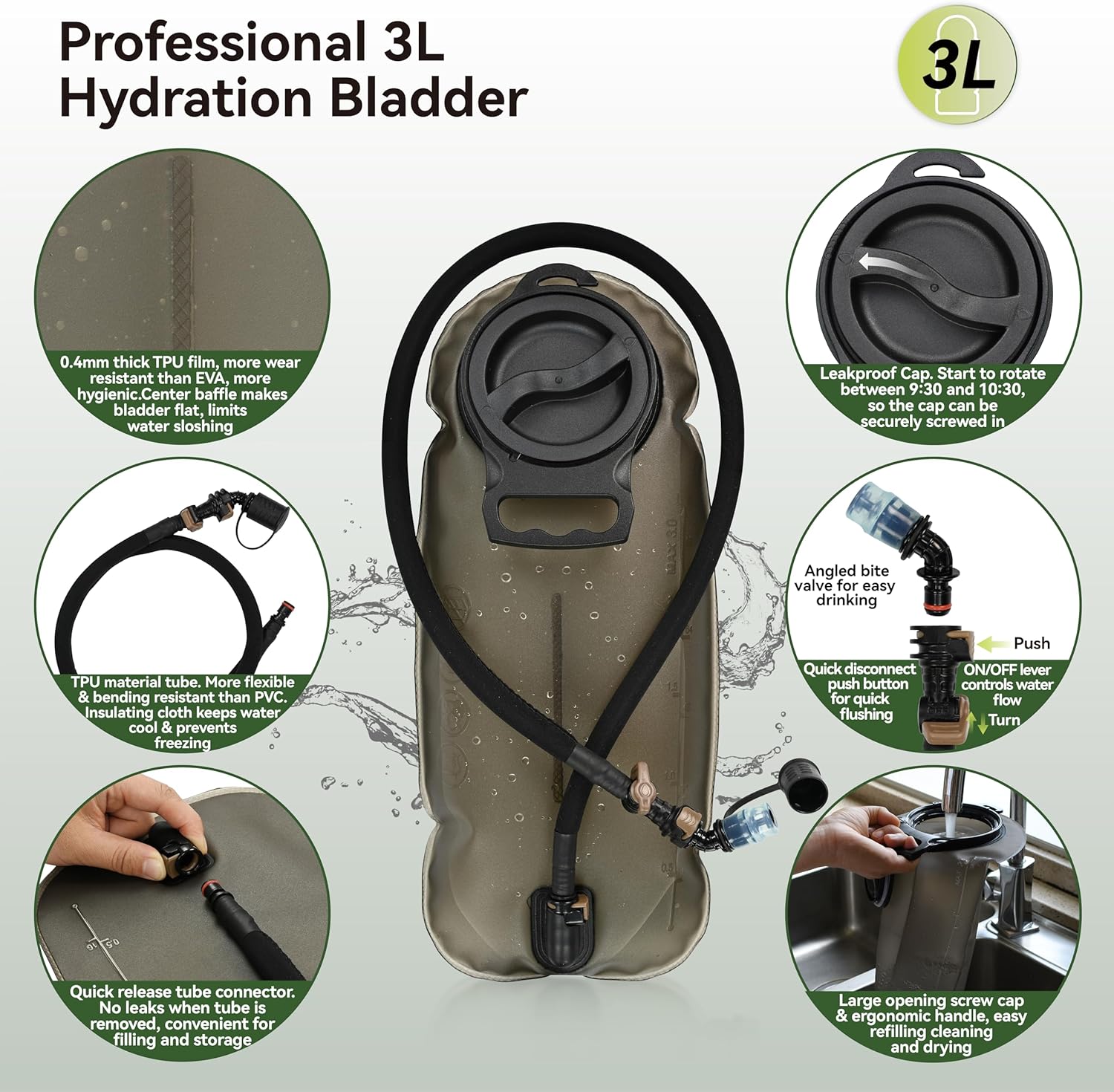 Tactical Molle Hydration Pack Backpack with 3L TPU Water Bladder, Military Daypack for Cycling, Hiking, Running, Climbing, Hunting, Biking