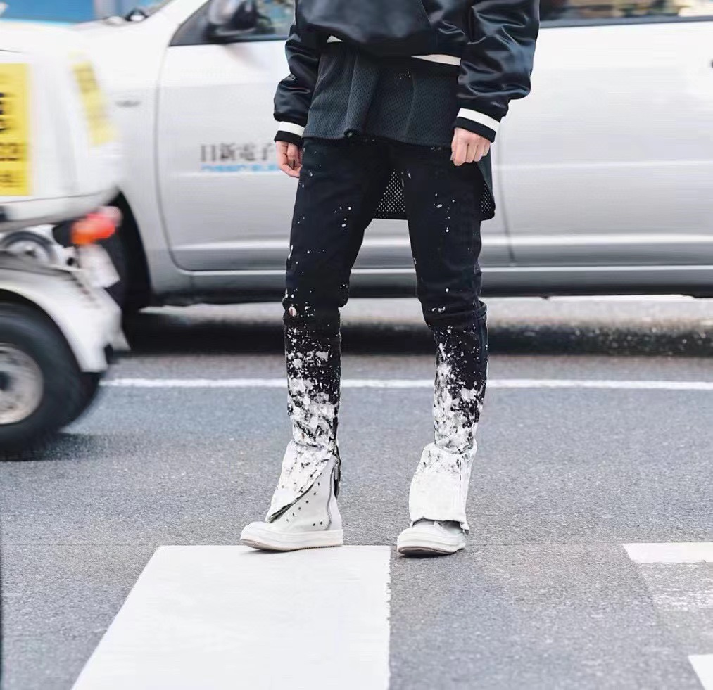 FOG Season 5 Washed Old Black Splashed Ink Slim Fit Small Feet Zipper Jeans