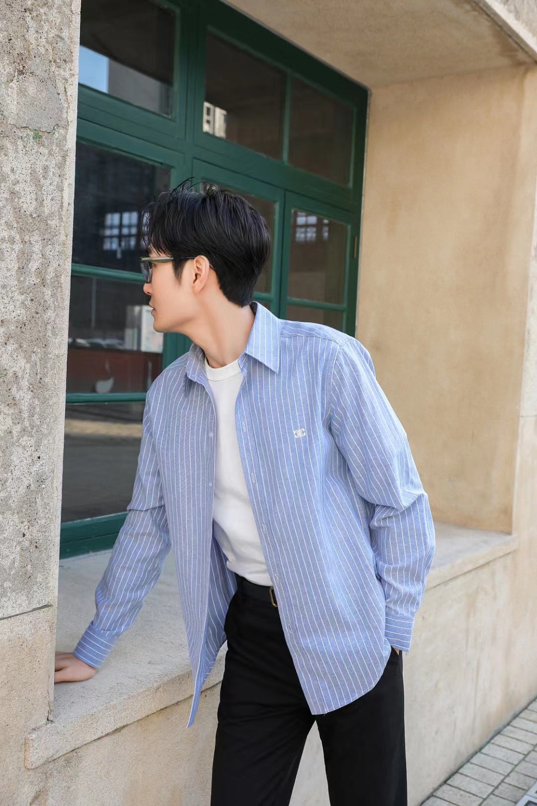 C3  Small Embroidered Vertical Stripe Long Sleeve Shirt