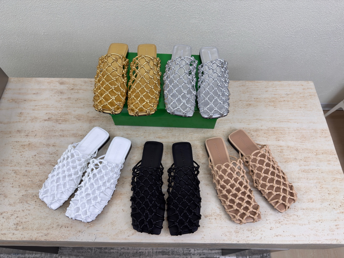 BV Metallic Leather Knot Net Mule Flats