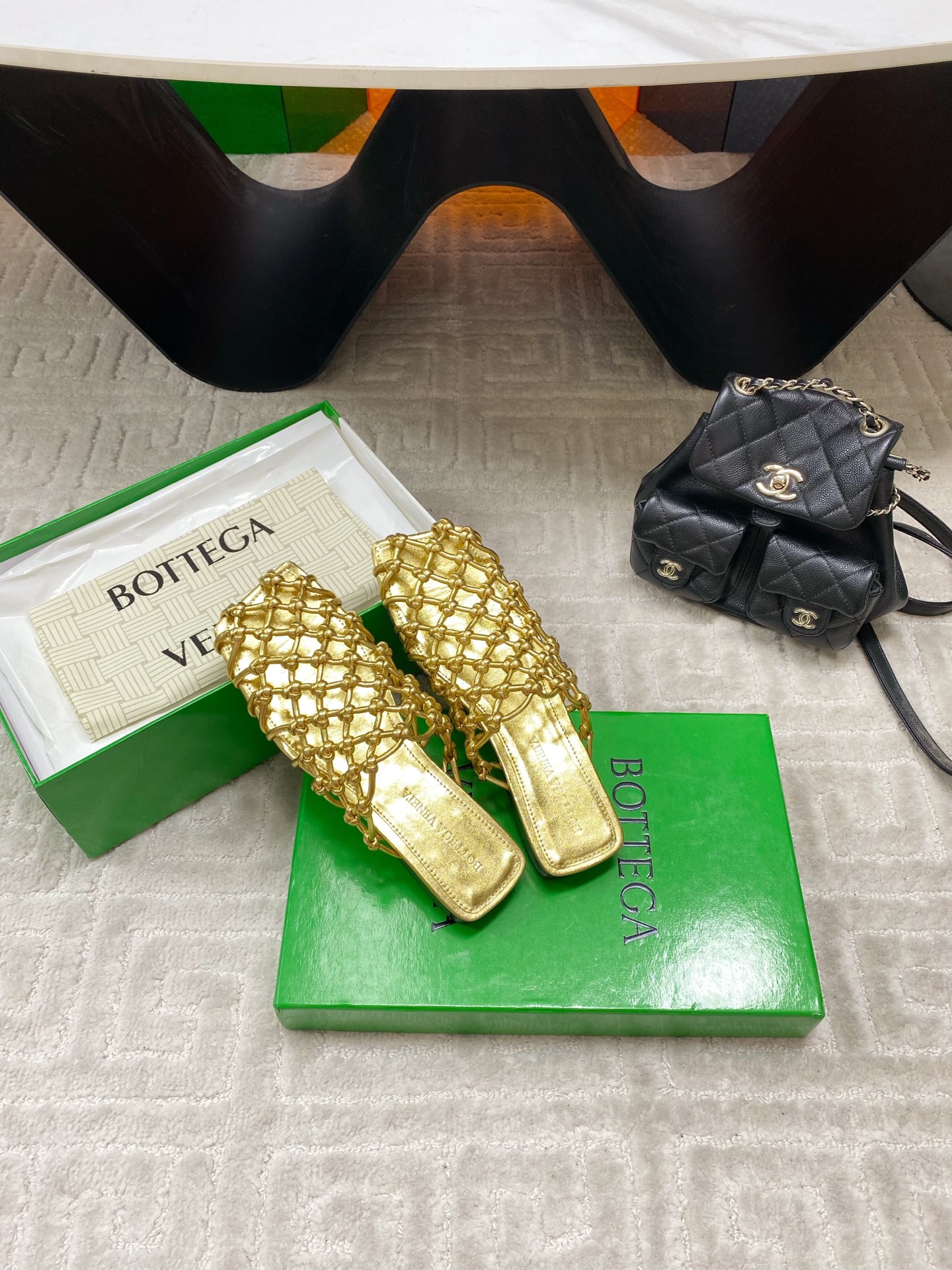 BV Metallic Leather Knot Net Mule Flats