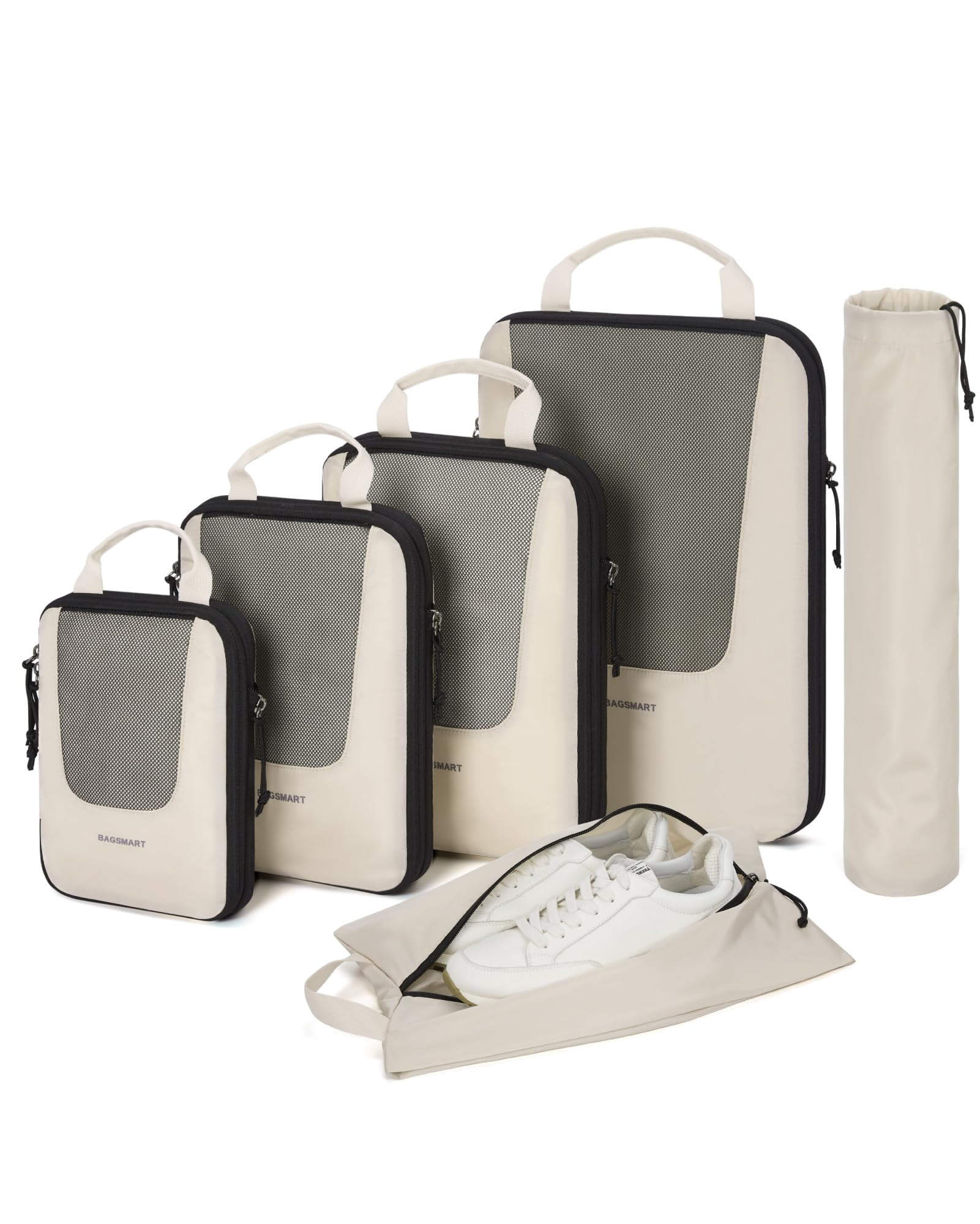 BAGSMART Set of 6 Compression Packing Cubes for Travel, Packing Organizers for Suitcases, Luggage Storage Bags Sets with Shoe & Laundry Bag, Expandable Foldable Lightweight, White Opal