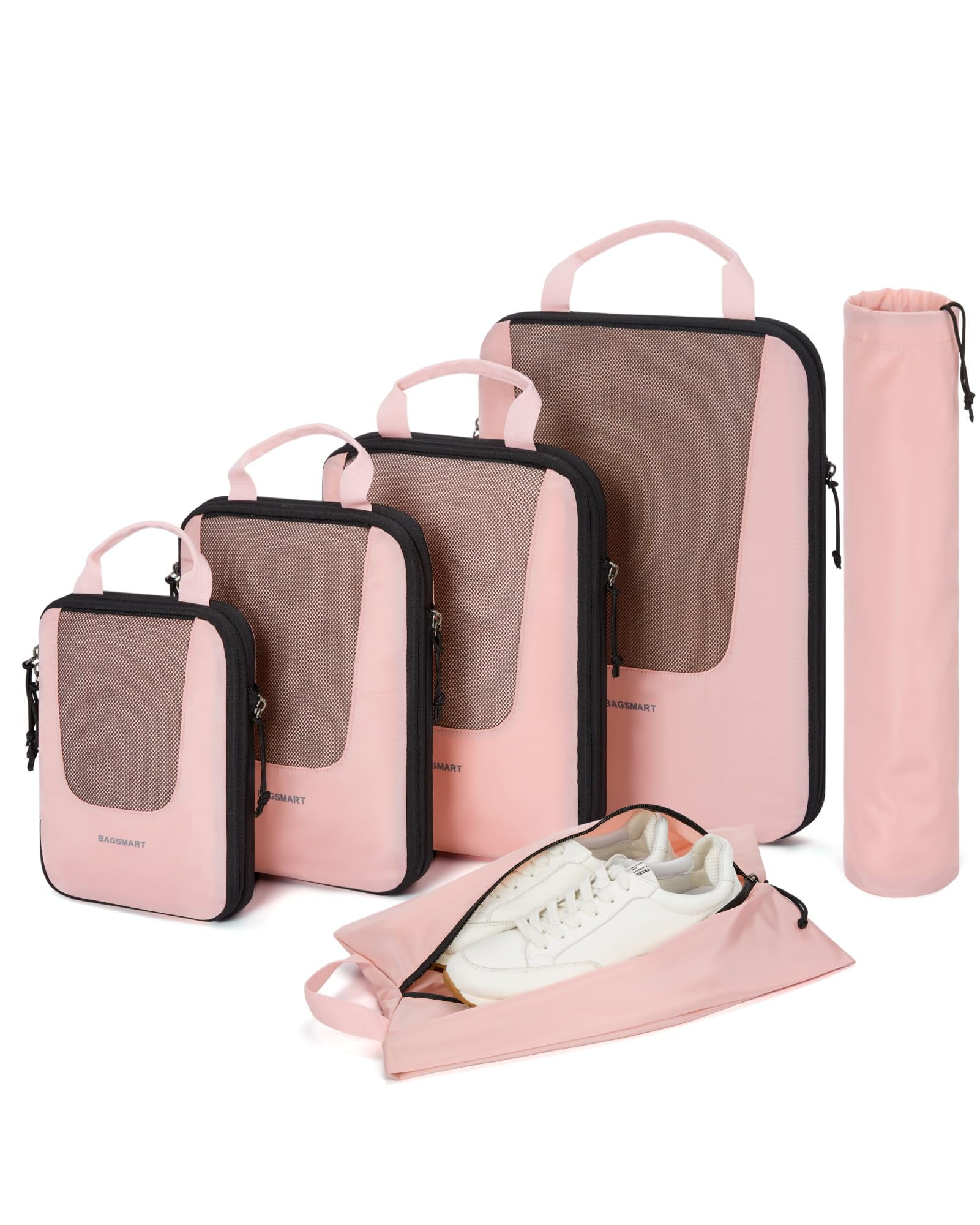 BAGSMART Set of 6 Compression Packing Cubes for Travel, Packing Organizers for Suitcases, Luggage Storage Bags Sets with Shoe & Laundry Bag, Expandable Foldable Lightweight, Baby Pink