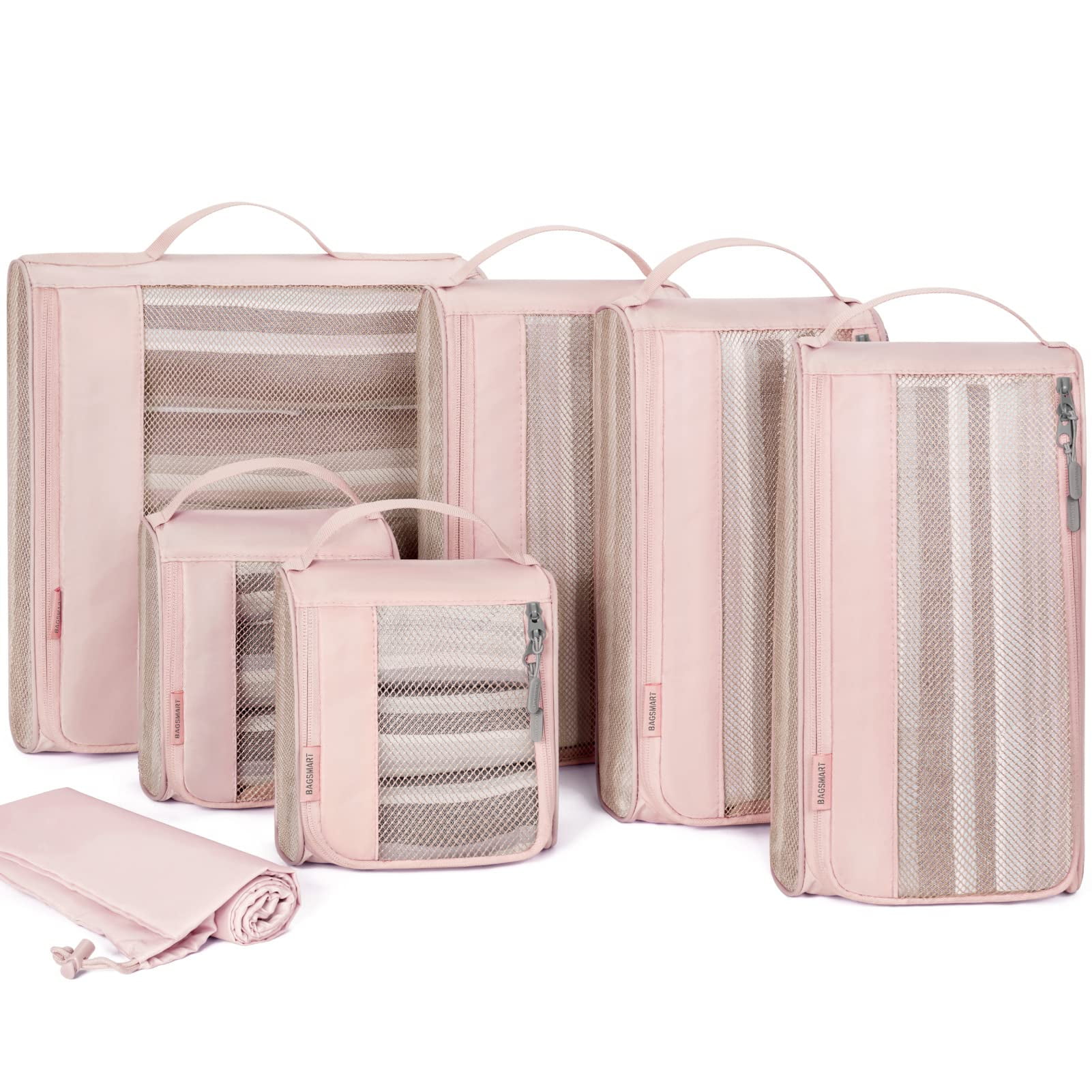 BAGSMART Packing Cubes for Luggage, 7 Set Keep Shape Travel Packing Organizers, Lightweight Suitcase Storage Bags for Travel Accessories with Shoe Bag for Women Men, Baby Pink