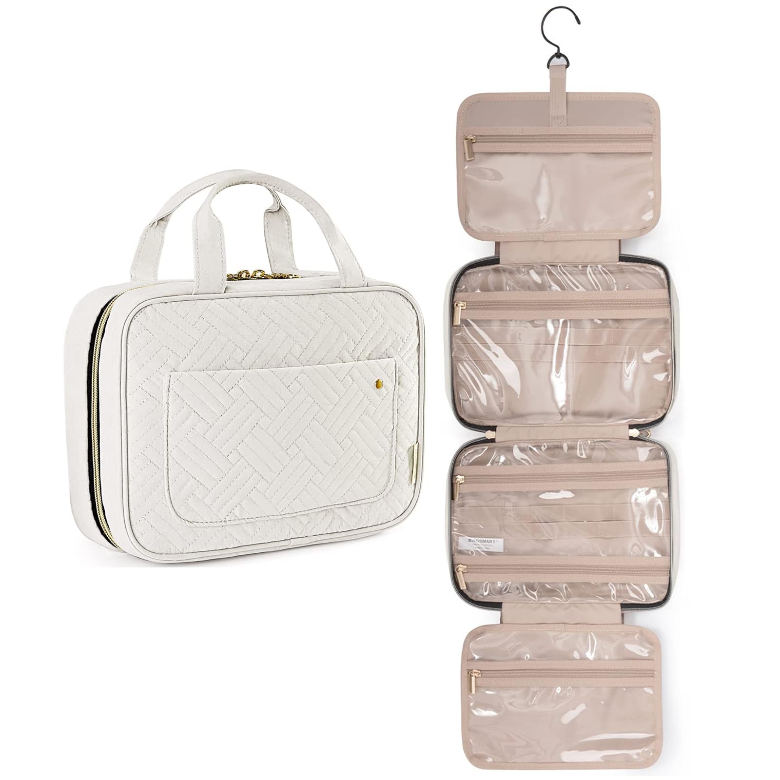 BAGSMART Large Size Toiletry Bag Travel Bag with Hanging Hook, Water-resistant Makeup Cosmetic Bag Travel Toiletries Organizer for Women Men, Full Sized Container, Beige