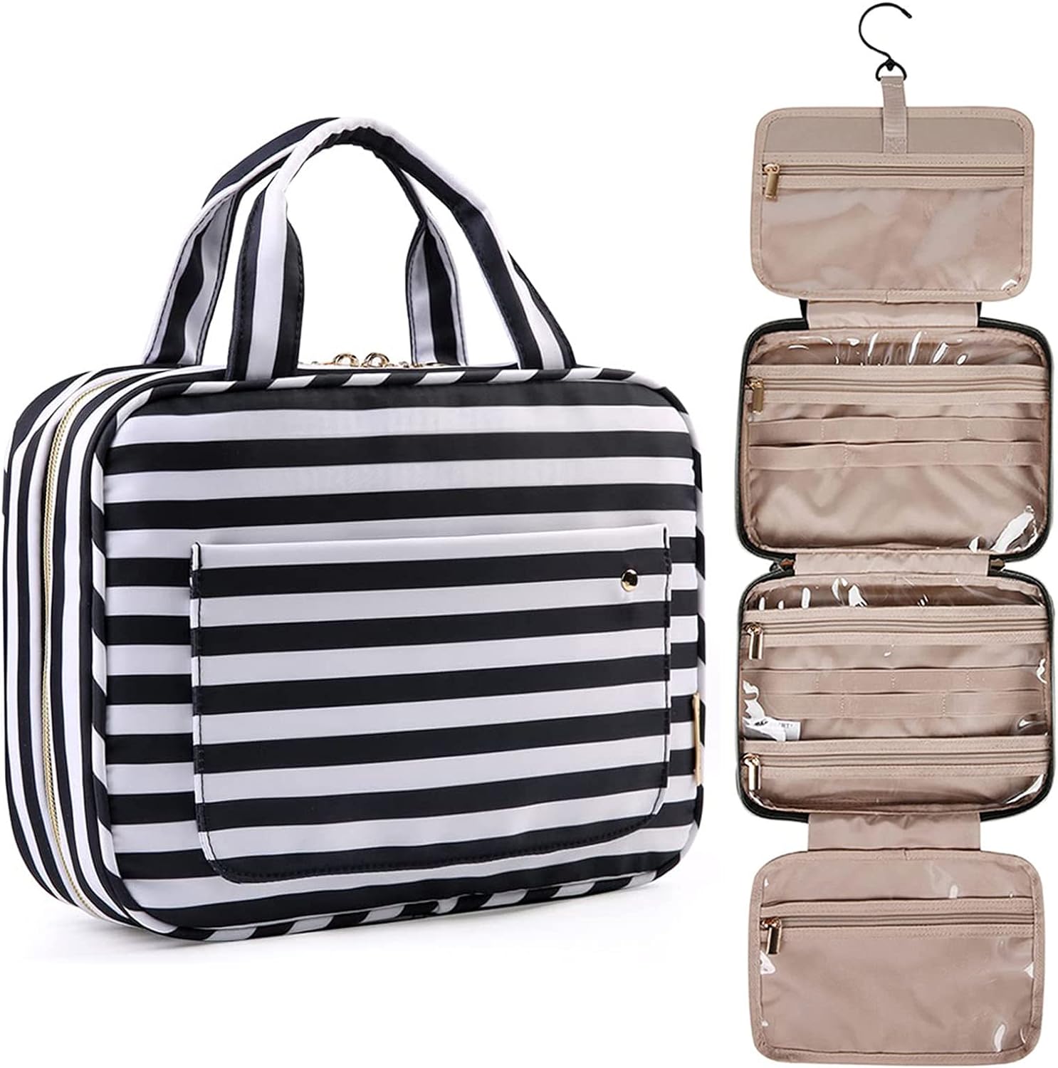 BAGSMART Full Size Toiletry Bag, Makeup Cosmetic Bag with Hanging Hook, Water-resistant Travel Organizer Bag for Women & Men, Black White Stripes