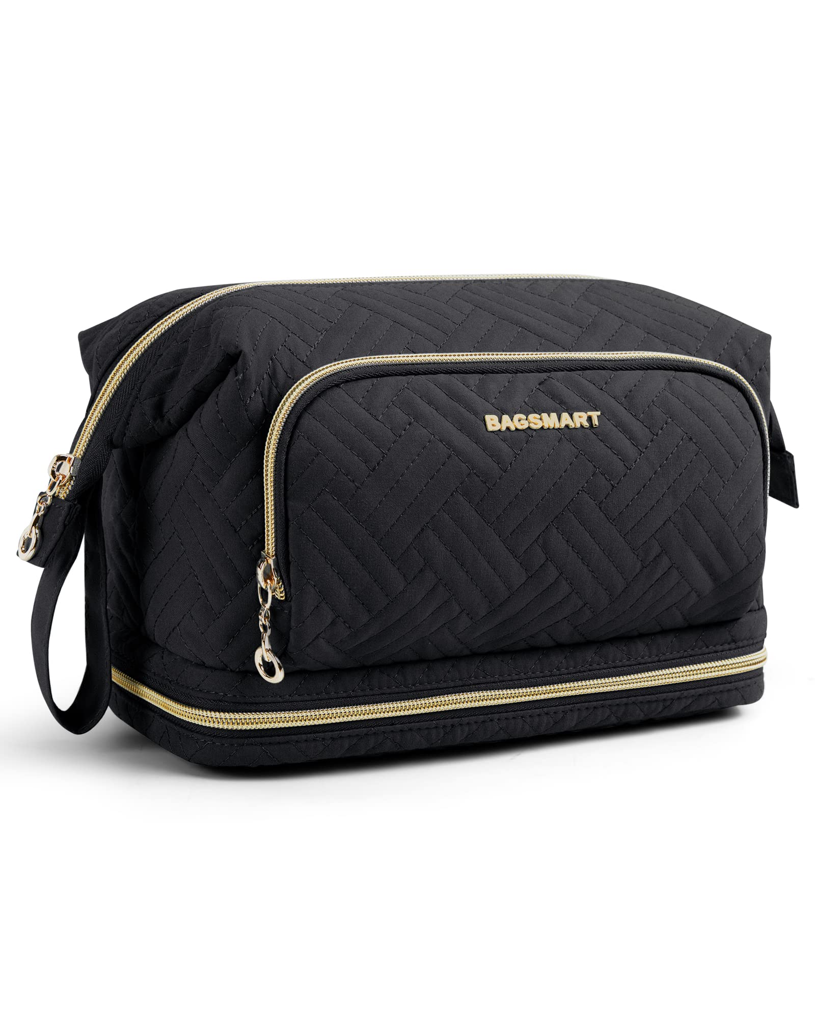 BAGSMART Double Layers Makeup Bag Cosmetic Pouch, Travel Toiletry Bag Organizer Case for Lipsticks Electonic Accessories, Waterproof, Portable, Multifunction, Women and Girls, Black