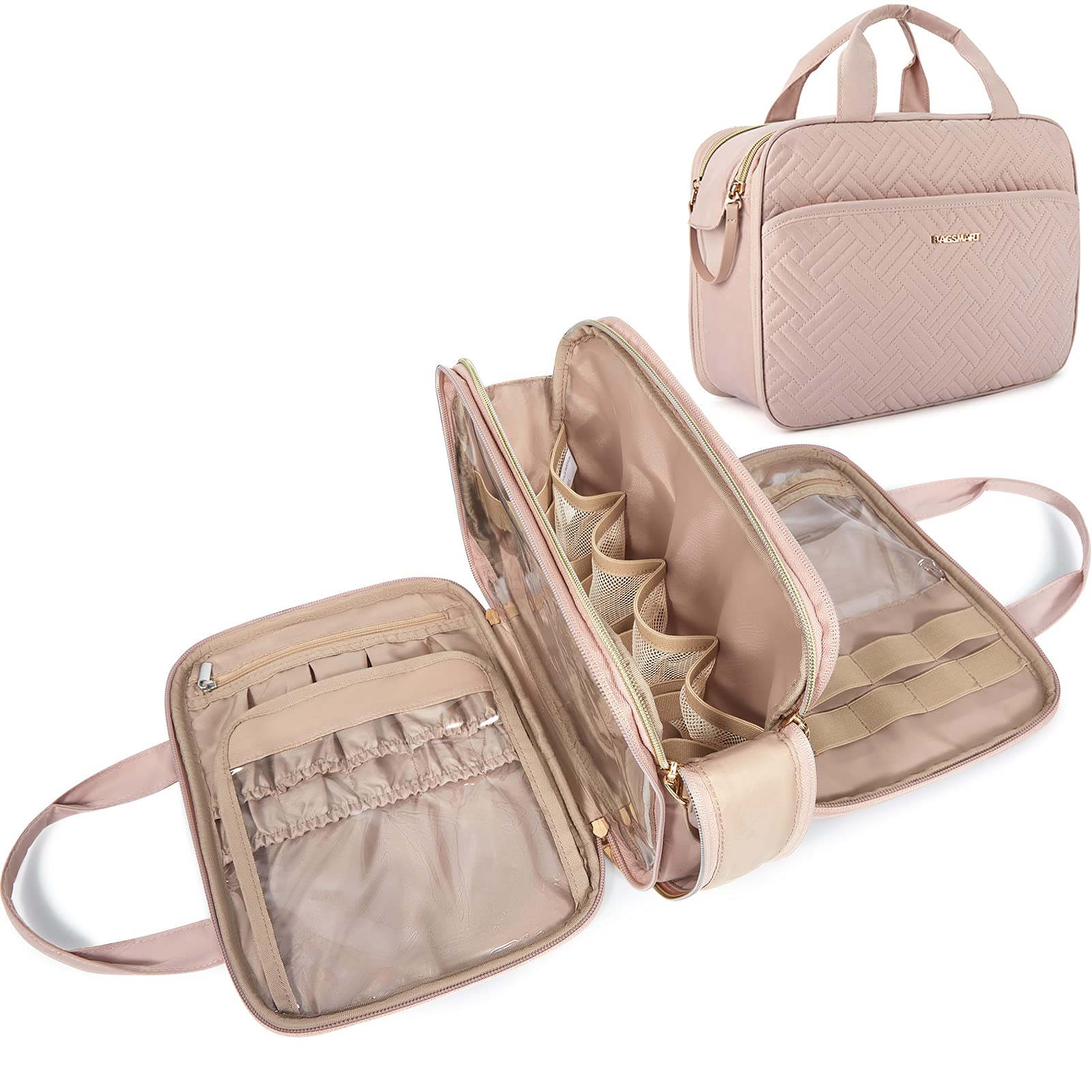 BAGSMART Large Travel Toiletry Bag Organizer, Water-resistant Makeup Cosmetic Bag for Toiletries Accessories Essentials, Shampoo, Full Sized Container, Women & Men, Medium-Pink