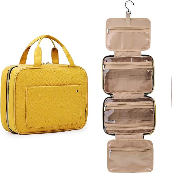 BAGSMART Large Size Toiletry Bag Travel Bag with Hanging Hook, Water-resistant Makeup Cosmetic Bag Travel Toiletries Organizer for Women Men, Full Sized Container, Yellow
