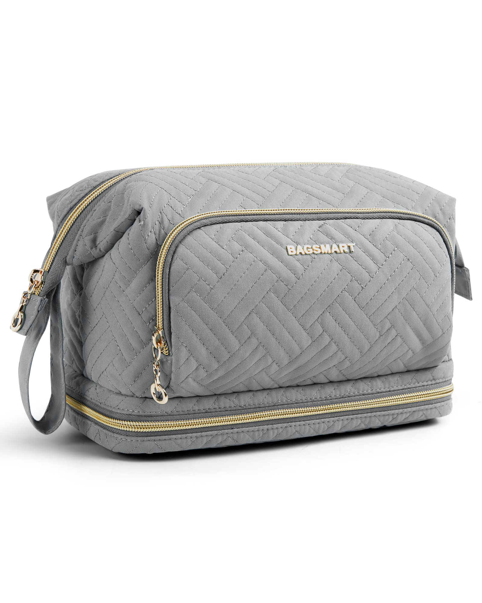 BAGSMART Double Layers Makeup Bag Cosmetic Pouch, Travel Toiletry Bag Organizer Case for Lipsticks Electonic Accessories, Waterproof, Portable, Multifunction, Women and Girls, Gray