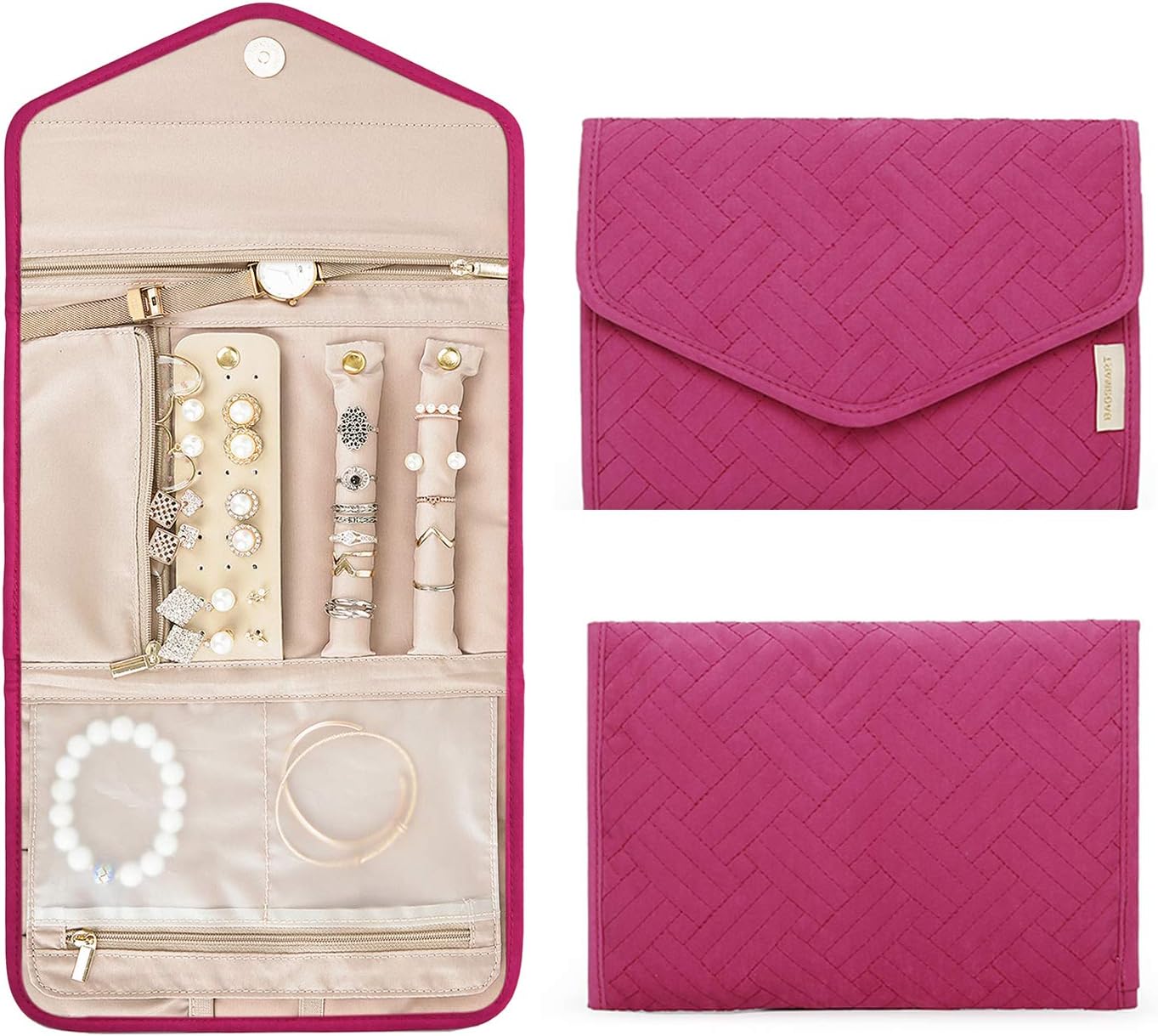 BAGSMART Travel Jewelry Organizer Storage Roll Foldable Jewelry Case Bag for Earrings, Journey-Rings, Necklaces, Bracelets, Brooches, Medium Size, Rose