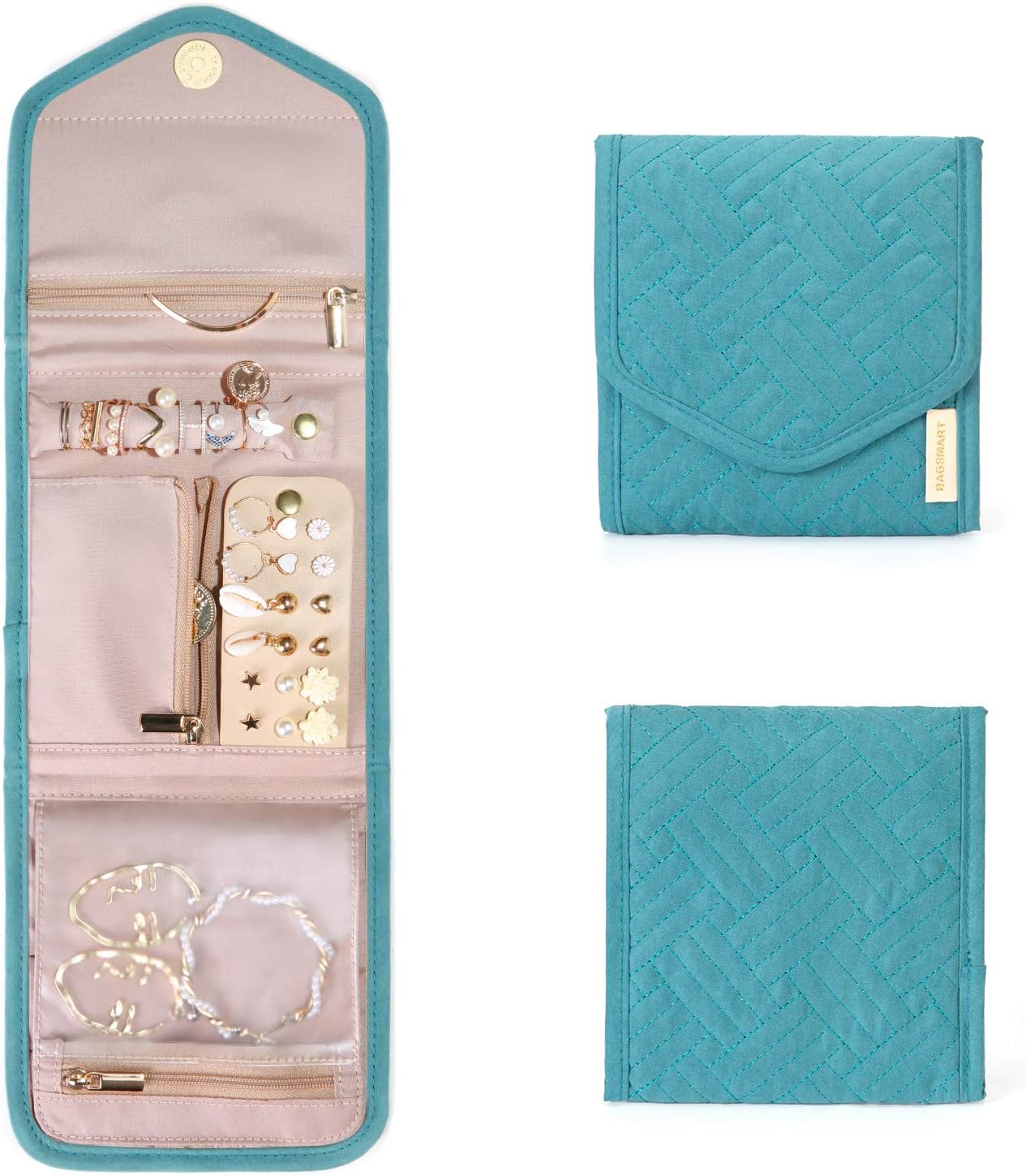 BAGSMART Travel Jewelry Organizer Storage Roll Foldable Jewelry Case Bag for Earrings, Journey-Rings, Necklaces, Bracelets, Brooches, Basic Size, Teal