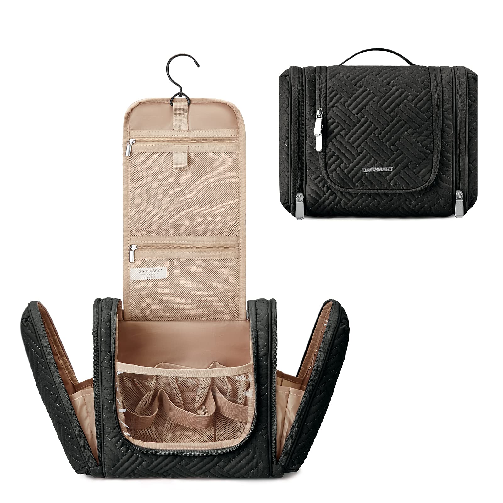 BAGSMART Full Sized Travel Toiletry Bag, Water-resistant Cosmetic Makeup Bag with Hanging Hook, Large Capacity Travel Toiletries Organizer Accessories Essentials for Women & Men, Black