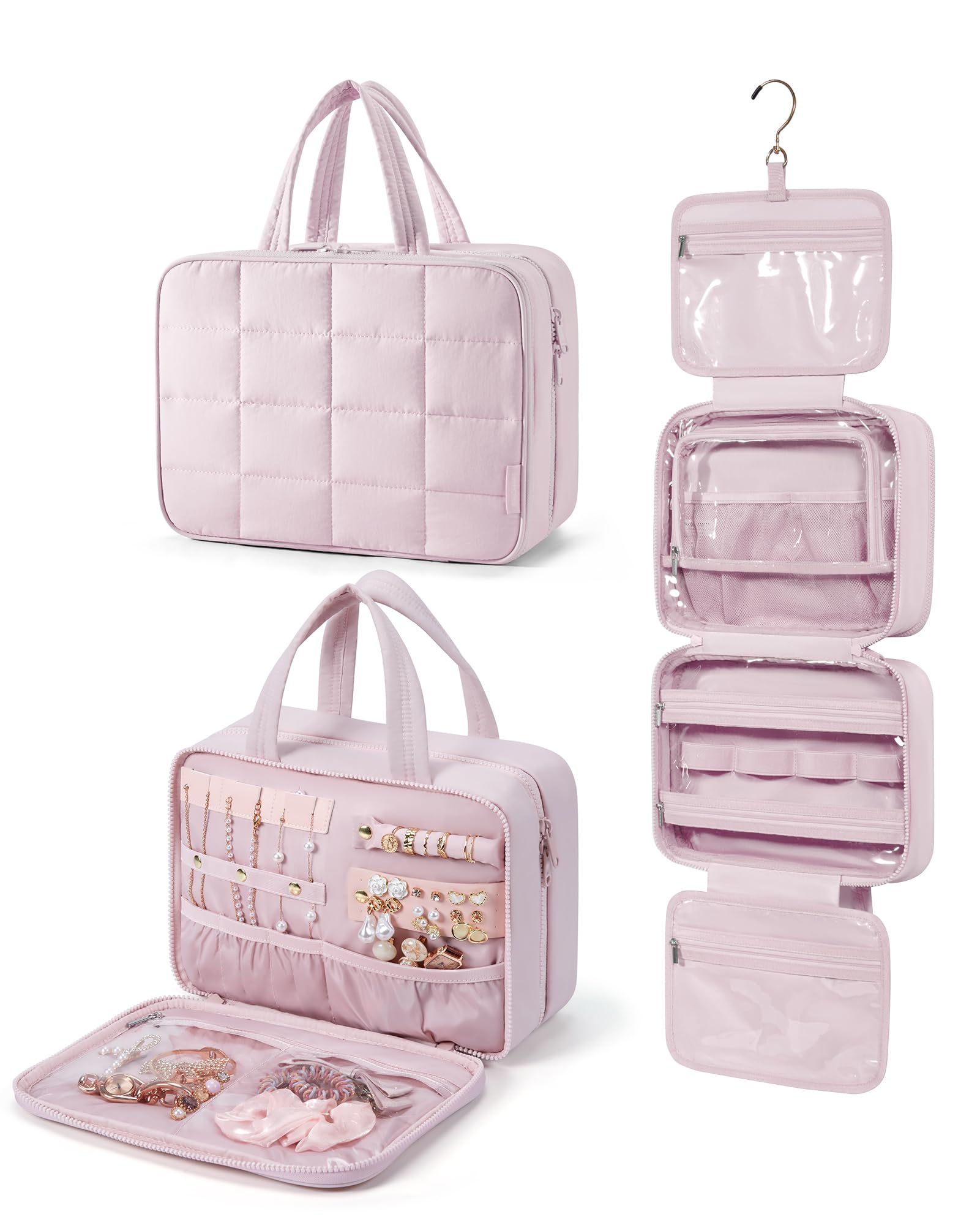 BAGSMART Travel Toiletry Bag with Jewelry Organizer, Puffy Makeup Cosmetic Bag with Hanging Hook for Toiletries Accessories Essentials, Women & Men, Large Size-Pink