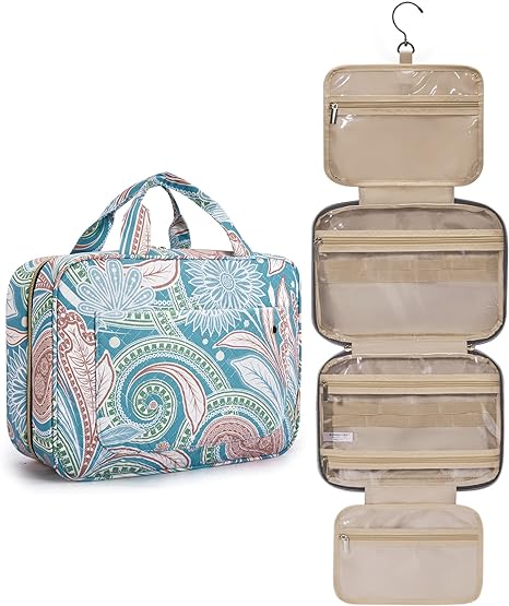 BAGSMART Large Toiletry Bag Travel Bag with Hanging Hook, Makeup Cosmetic Bag Travel Toiletries Organizer for Women Men, Water-resistant Full Sized Container, Green Paisley
