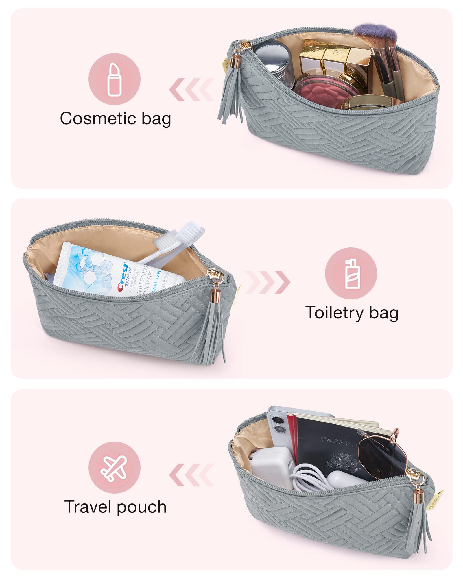 BAGSMART Makeup Bag Small Cosmetic Pouch Toiletry Bag Travel Organizer Case for Lipsticks Electonic Accessories, Waterproof, Portable, Multifunction, Women and Girls, 1 Pcs Gray