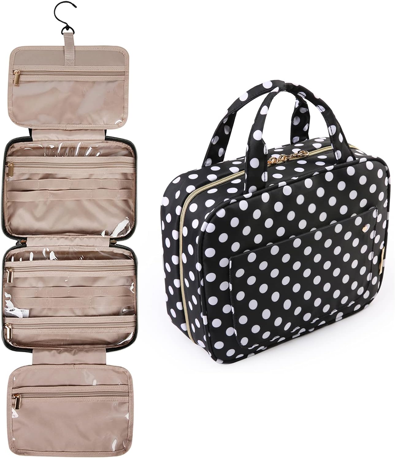 BAGSMART Large Toiletry Bag Travel Bag with Hanging Hook, Makeup Cosmetic Bag Travel Toiletries Organizer for Women Men, Water-resistant Full Sized Container, Black White Dots
