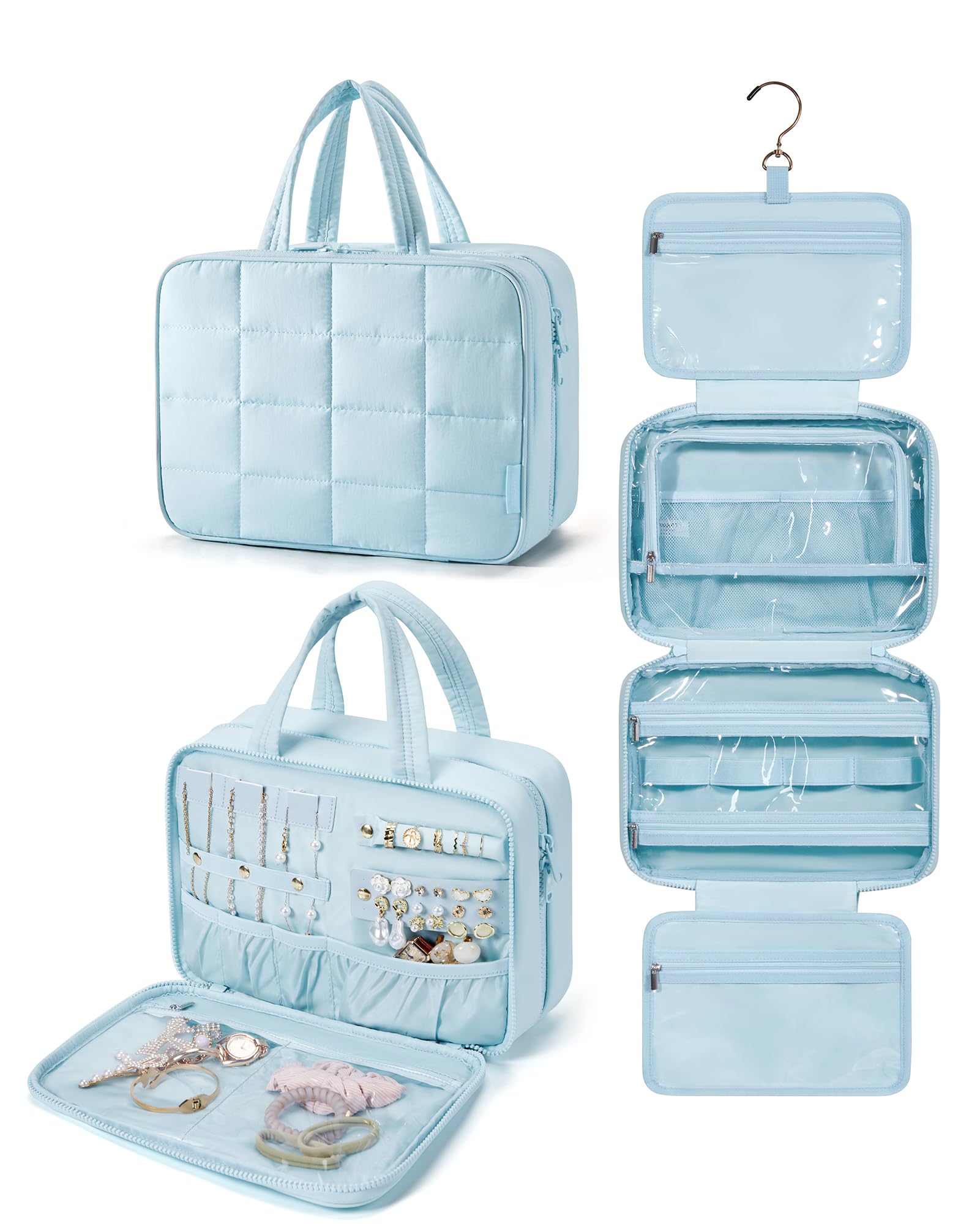 BAGSMART Travel Toiletry Bag with Jewelry Organizer, Puffy Makeup Cosmetic Bag with Hanging Hook for Toiletries Accessories Essentials, Women & Men, Medium Size-Light Blue