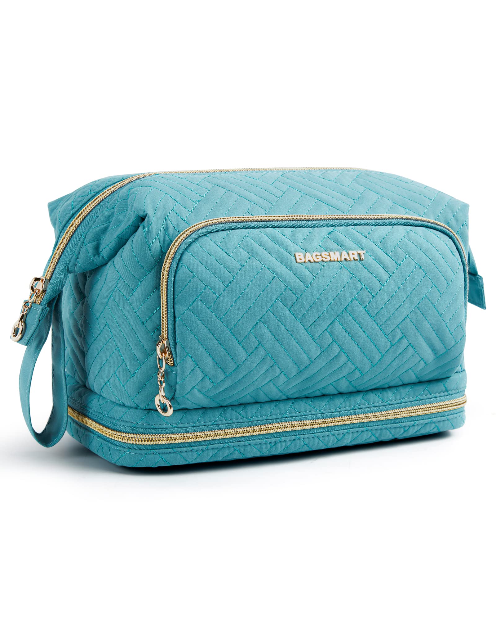 BAGSMART Double Layers Makeup Bag Cosmetic Pouch, Travel Toiletry Bag Organizer Case for Lipsticks Electonic Accessories, Waterproof, Portable, Multifunction, Women and Girls, Blue