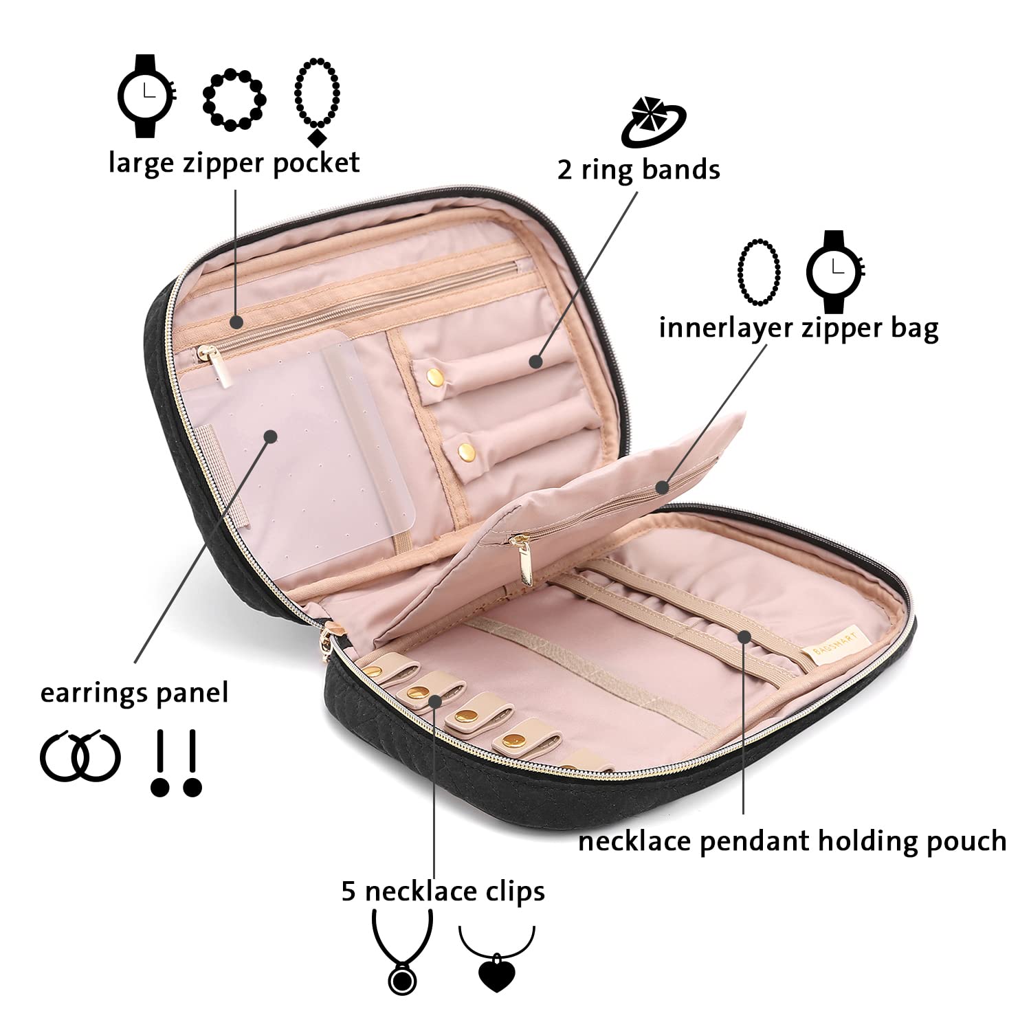 BAGSMART Jewelry Organizer Case Box Travel Jewelry Storage Bag for Earrings, Journey-Rings, Necklaces, Bracelets, Brooches, Medium Size, Black