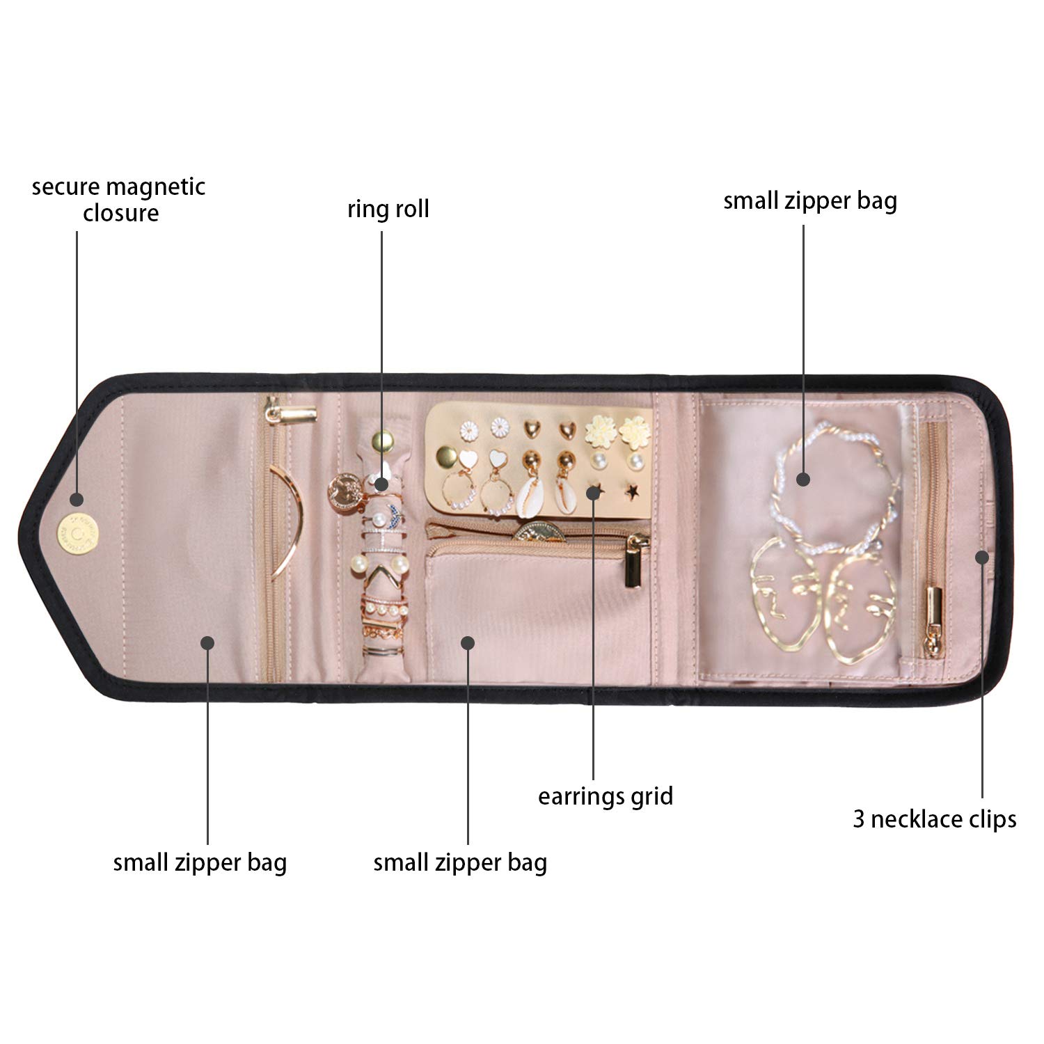 BAGSMART Travel Jewelry Organizer Storage Roll Foldable Jewelry Case Bag for Earrings, Journey-Rings, Necklaces, Bracelets, Brooches, Basic Size, Black