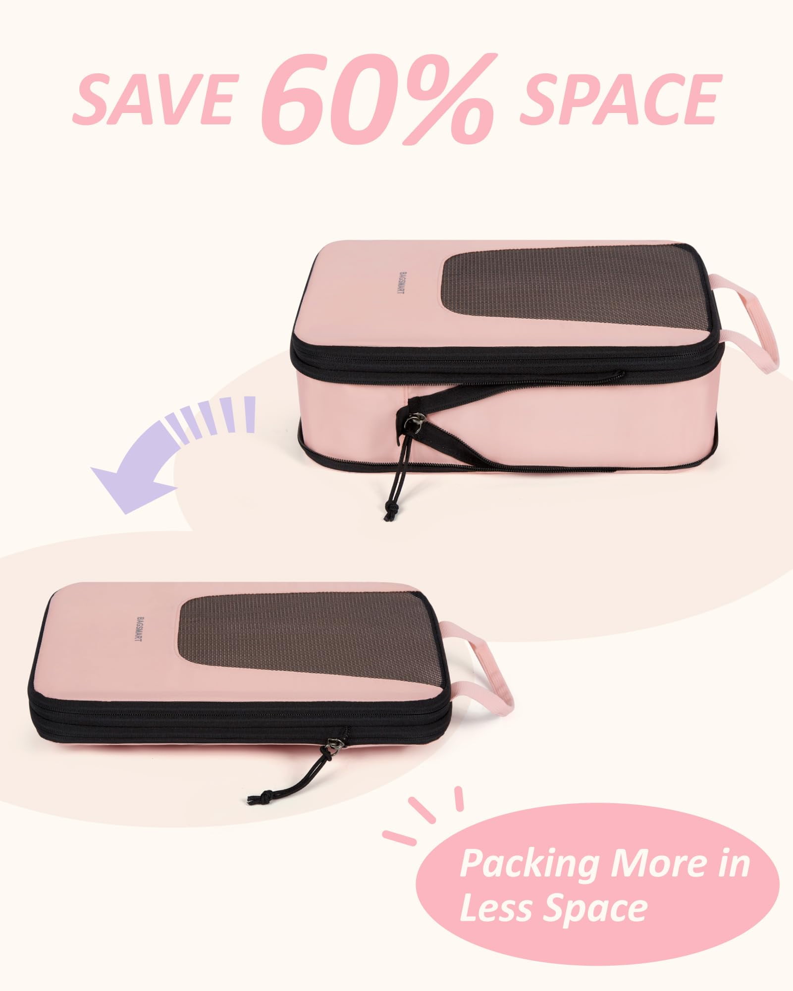 BAGSMART Set of 6 Compression Packing Cubes for Travel, Packing Organizers for Suitcases, Luggage Storage Bags Sets with Shoe & Laundry Bag, Expandable Foldable Lightweight, Baby Pink